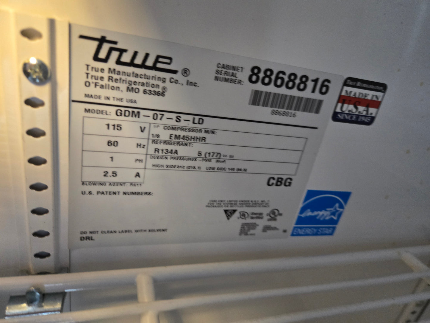 True 7-cu. ft. Glass Door Commercial Refrigerator