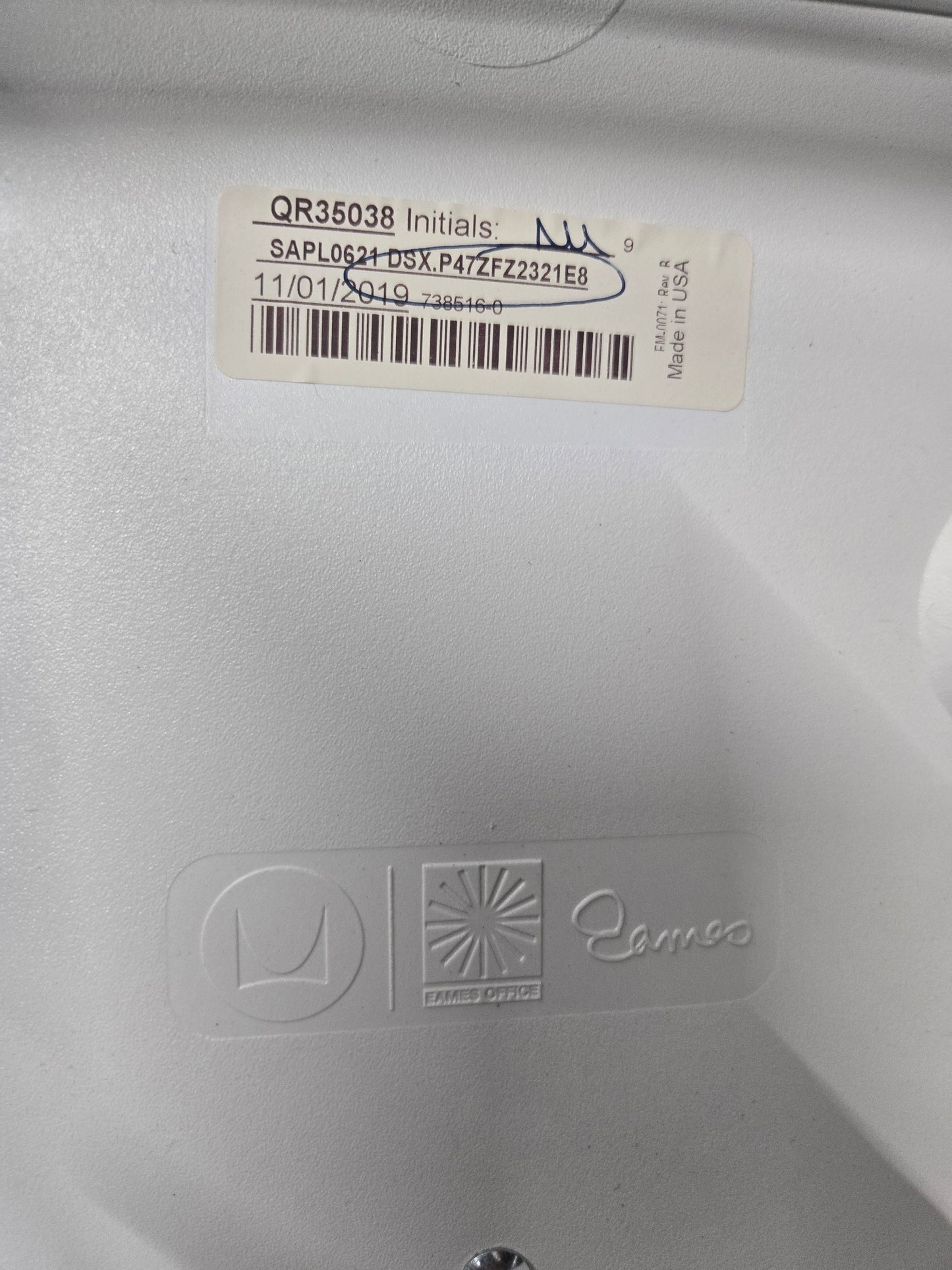 Herman Miller Eames Plastic Molded Chair in White with Blue Cushion