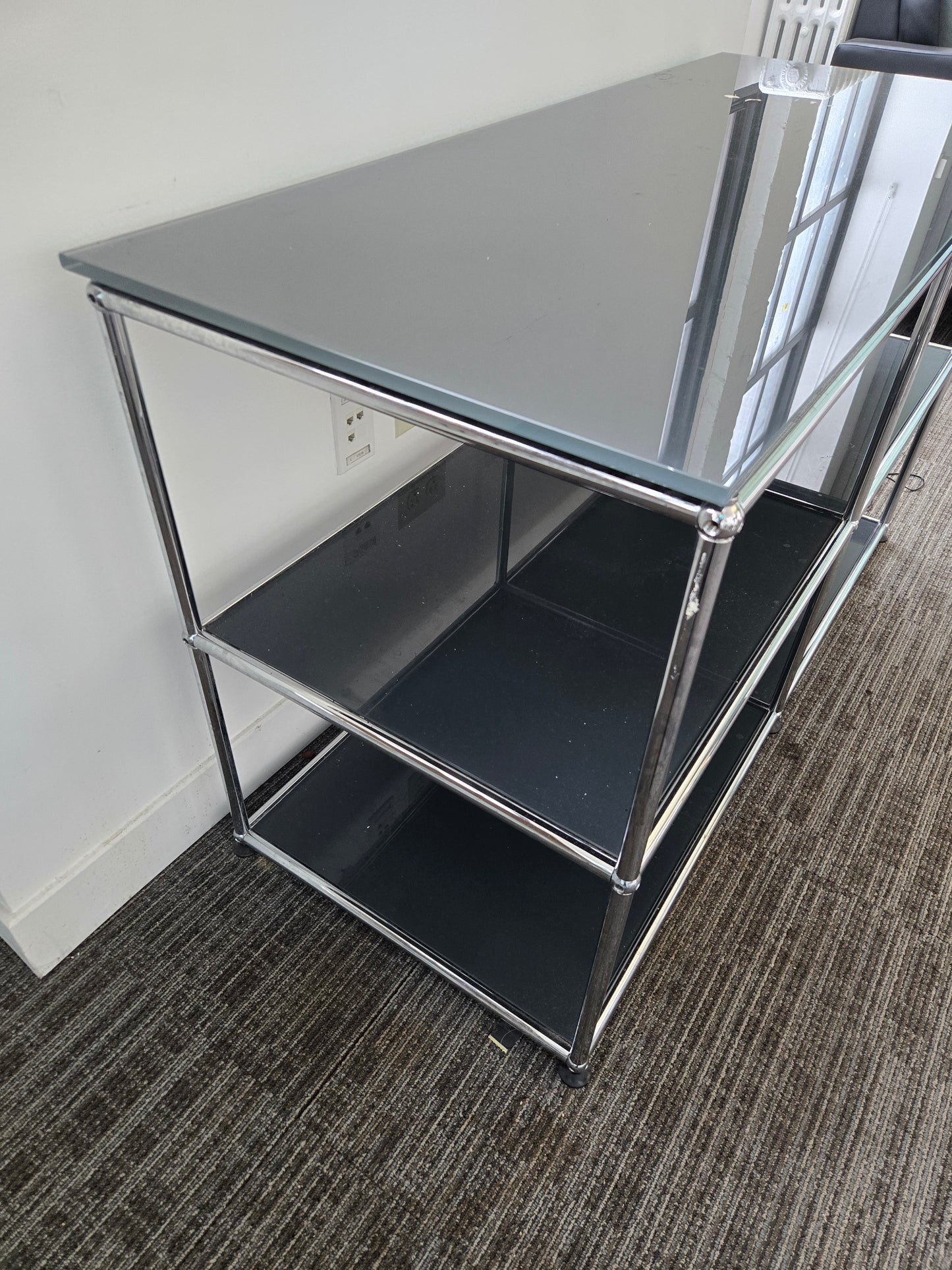 USM Haller 2x2 Console with Grey Glass Shelves and Top