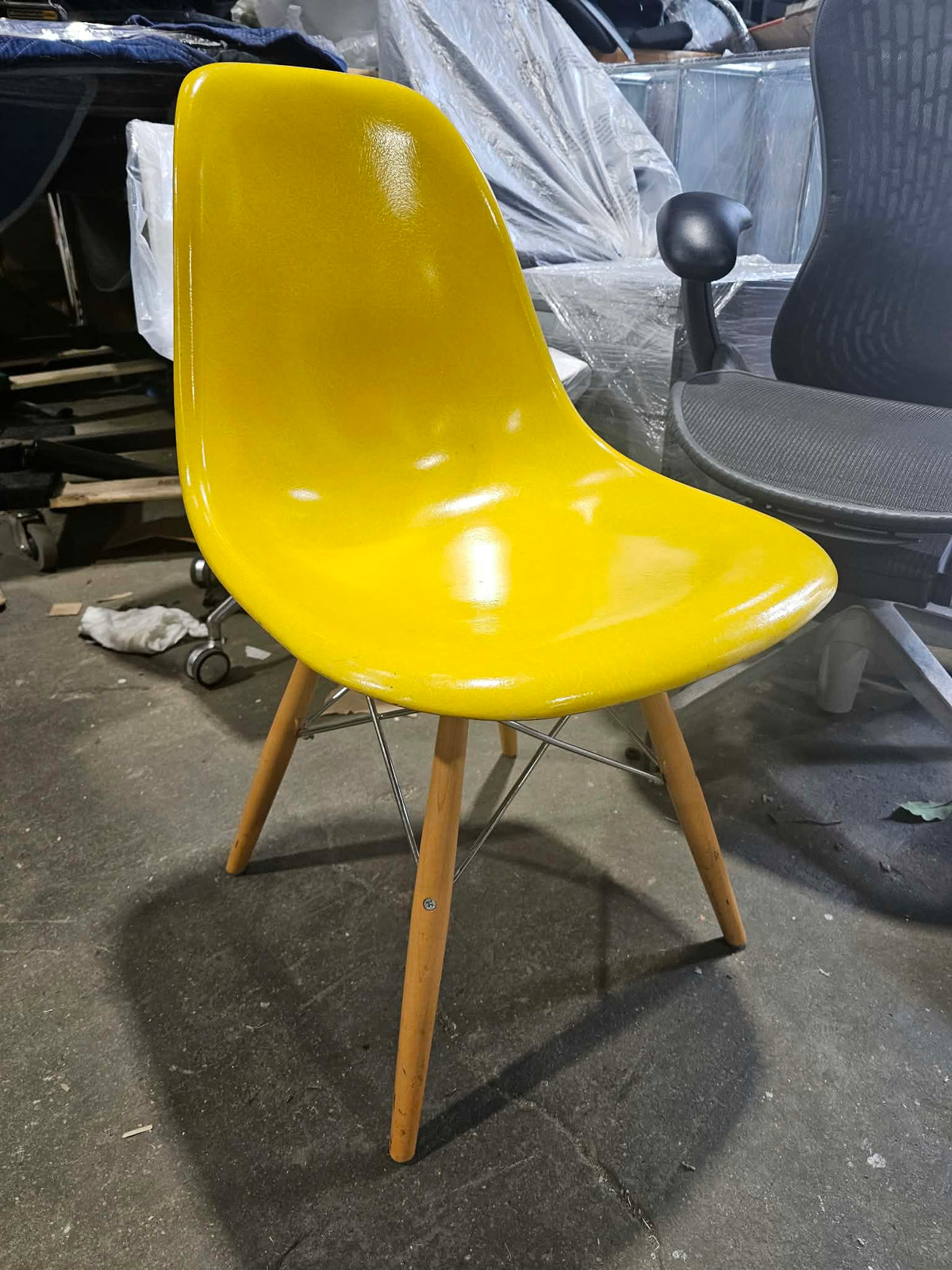 Modernica Case Study (Eames Style) Fiberglass Side Chair in Yellow with Dowel Legs