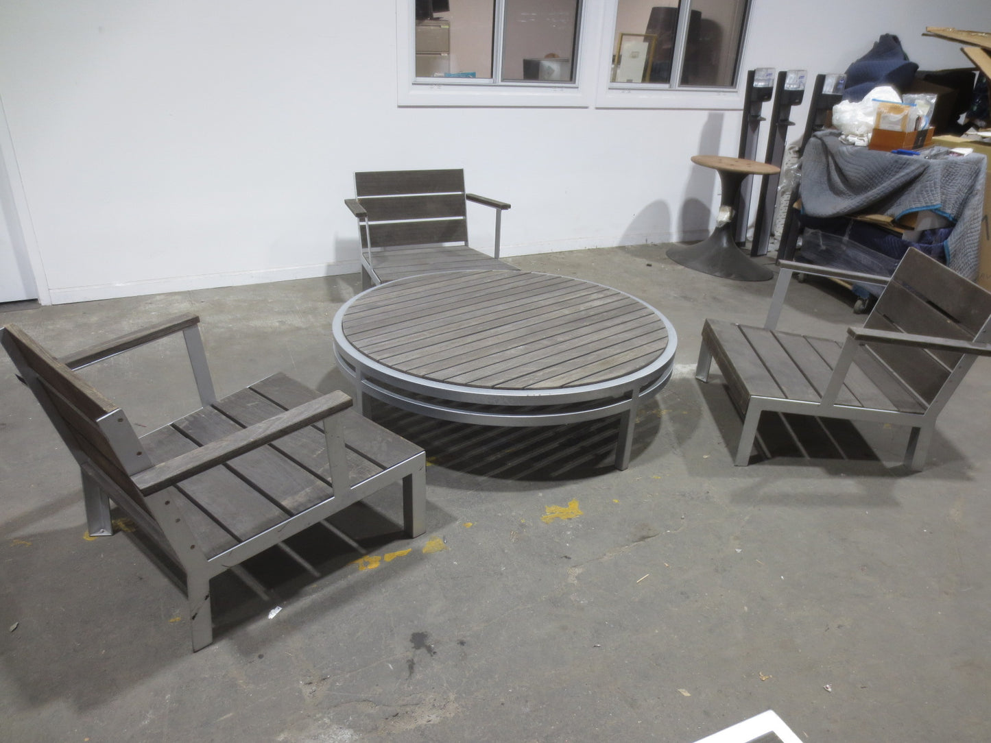 Modern Outdoor Etra Round Coffee Table and 3 Club Chairs