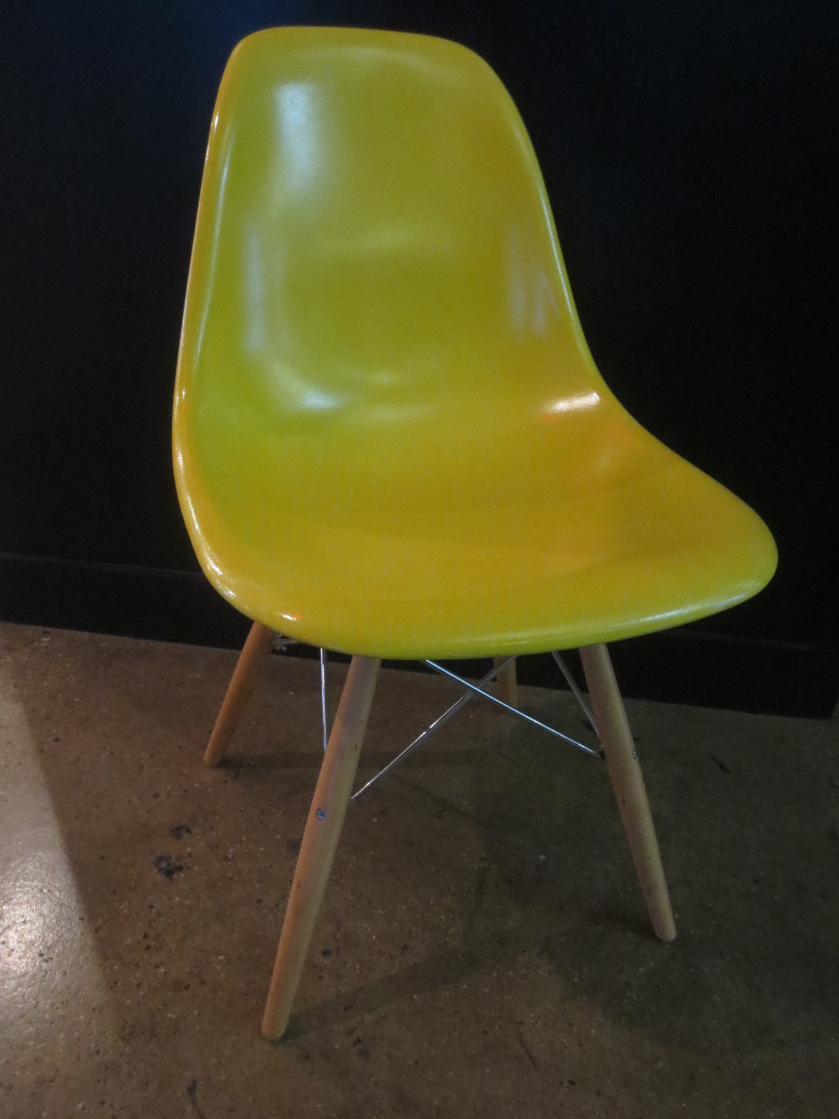 Modernica Case Study (Eames-Style) Fiberglass Side Chair in Yellow with Dowel Legs