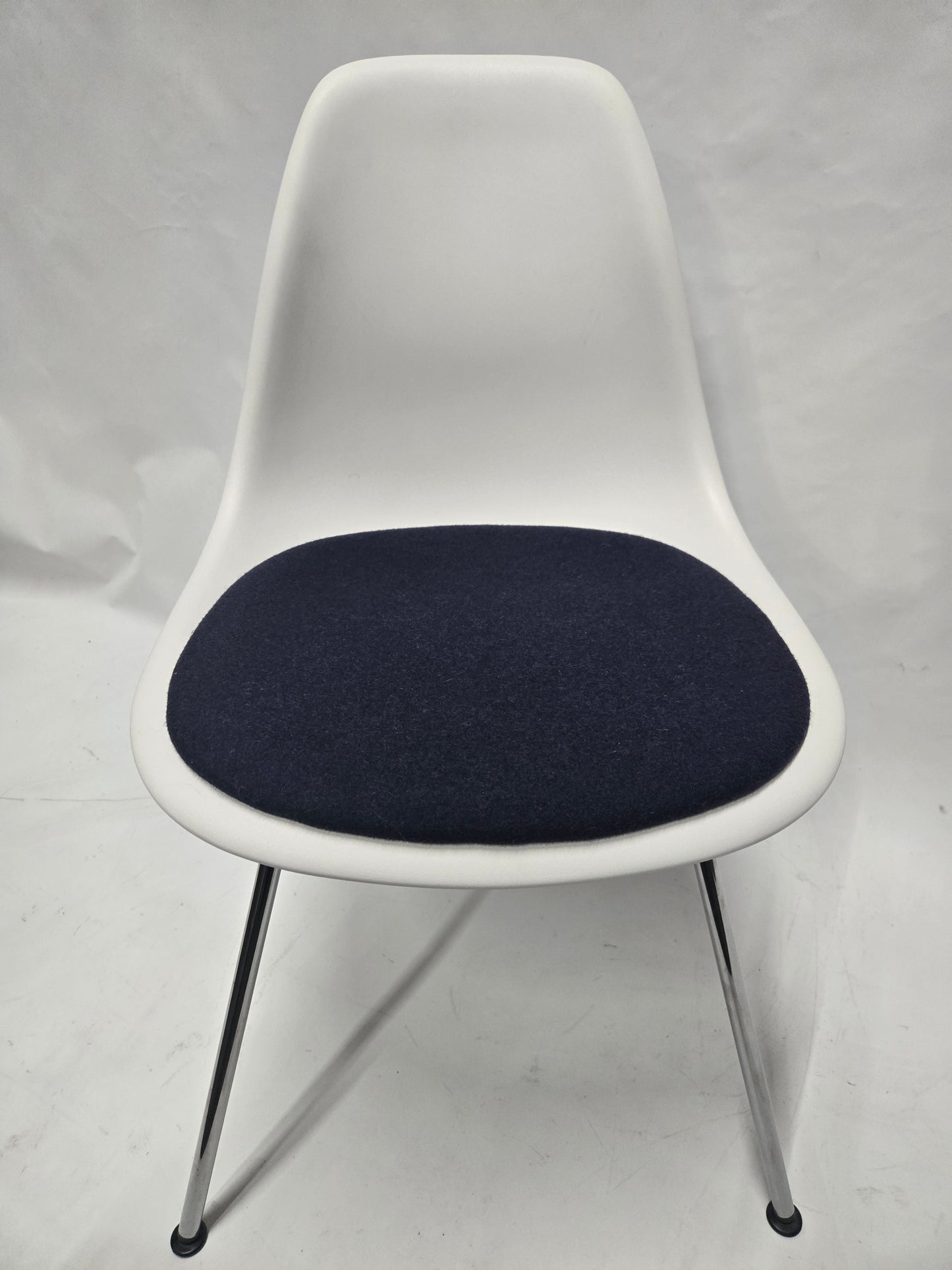 Herman Miller Eames Plastic Molded Chair in White with Blue Cushion