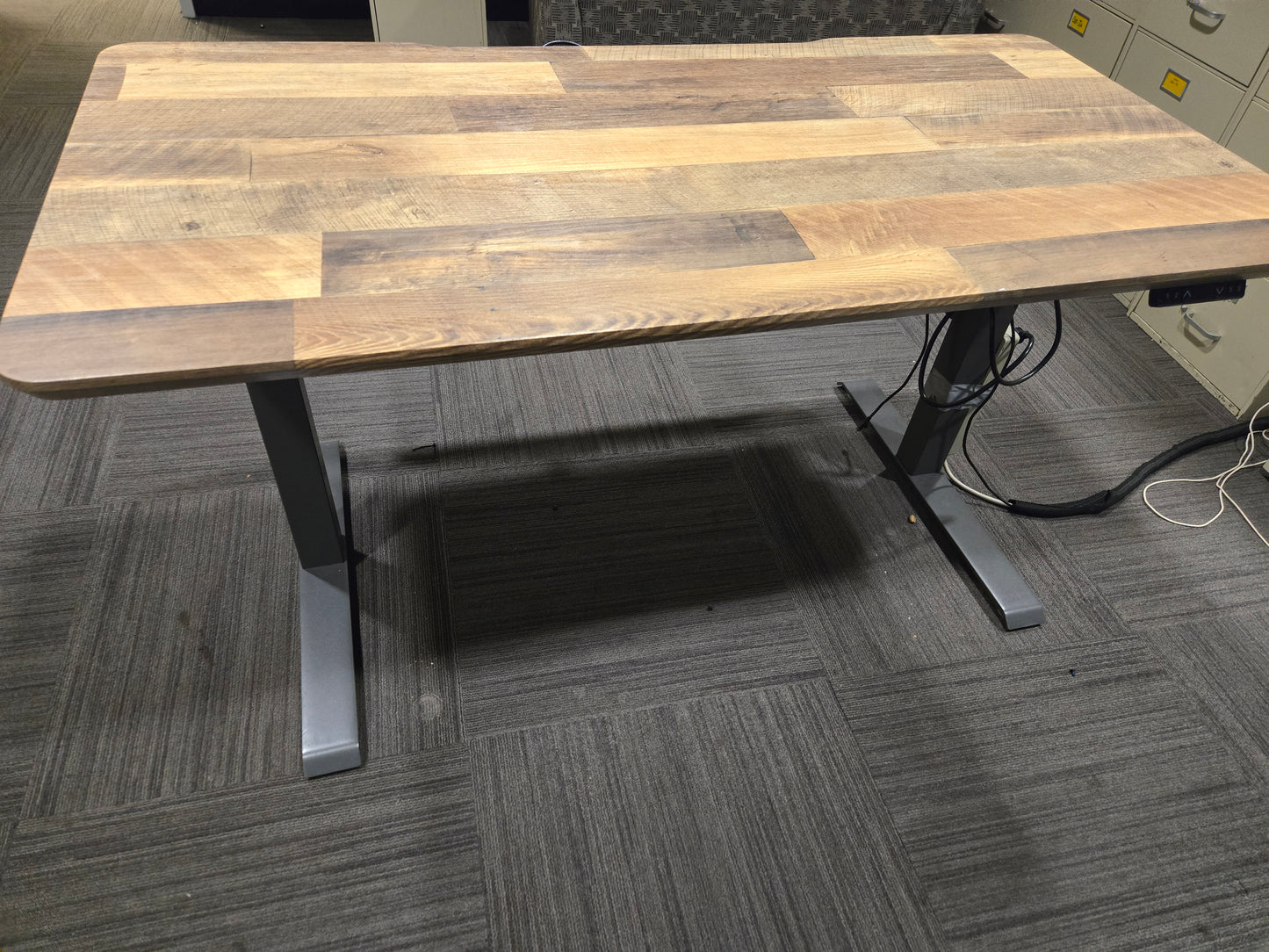 VariDesk 5-ft (60x30-in) Electric Height Adjustable Standing Desk in Reclaimed Wood with Mobile Pedestal File Cabinet