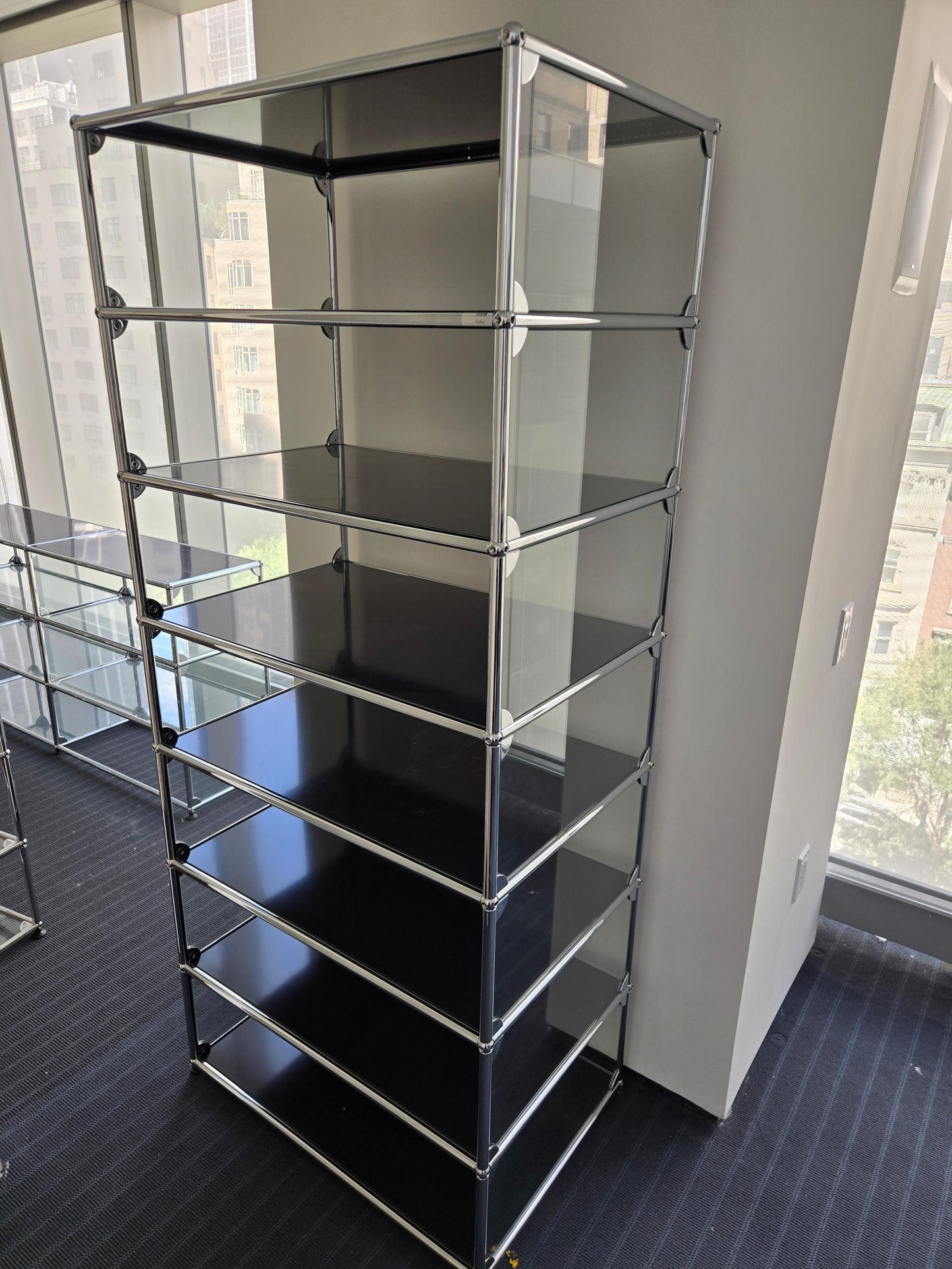 USM Haller 1x7 7-Shelf Bookcase in Black with Glass Sides