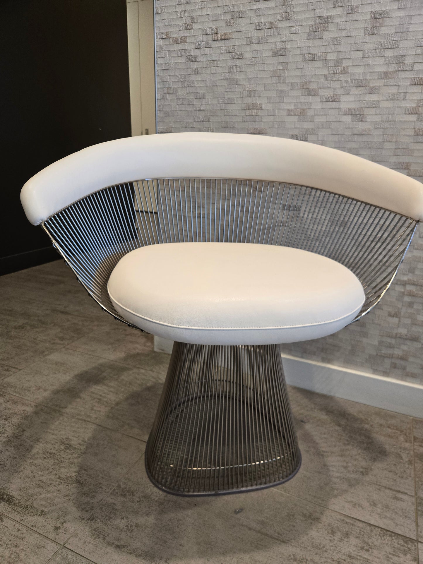 Knoll Platner Armchair in Nickel with White Leather Seat-Back