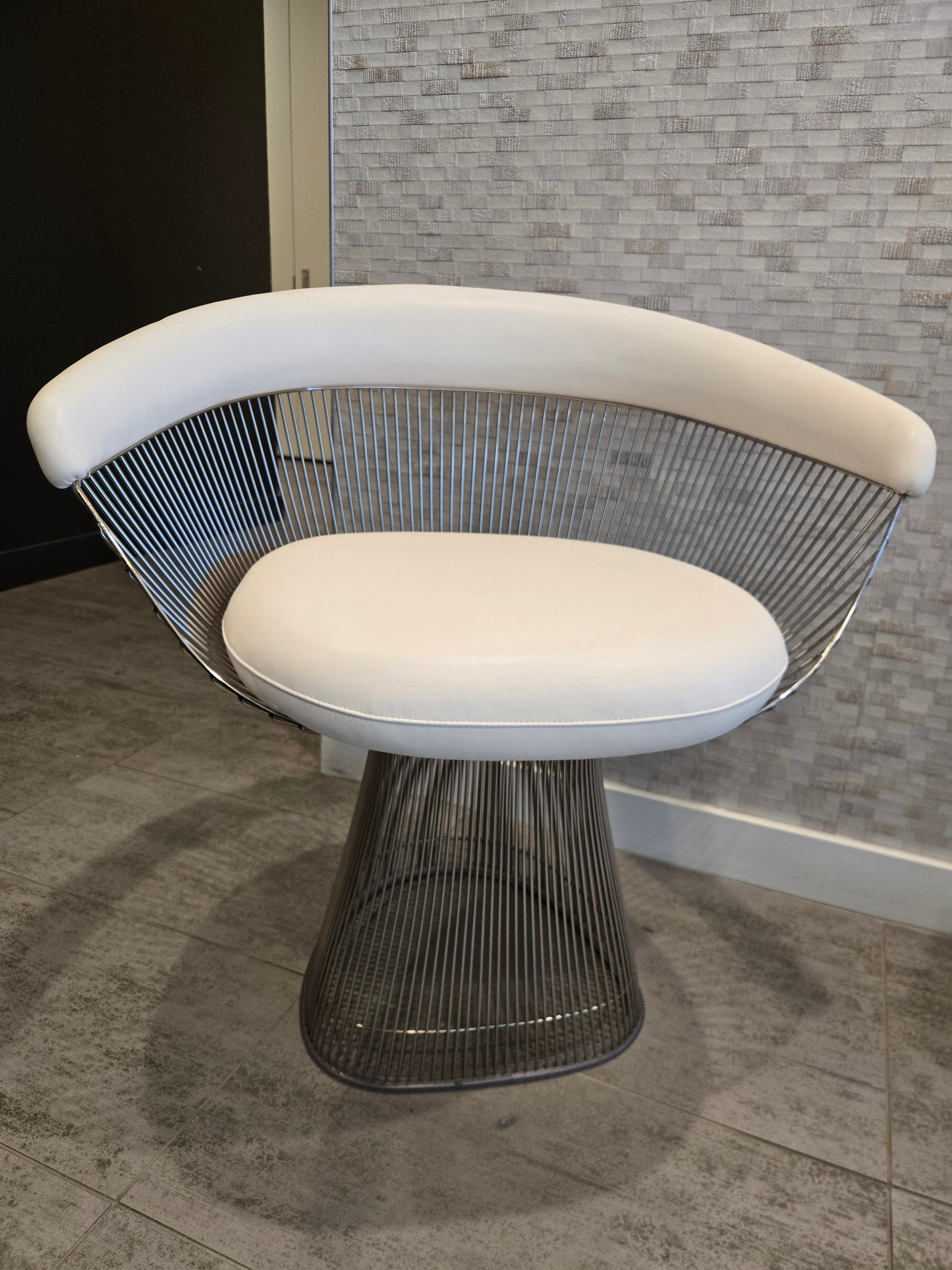 Knoll Platner Armchair in Nickel with White Leather Seat-Back
