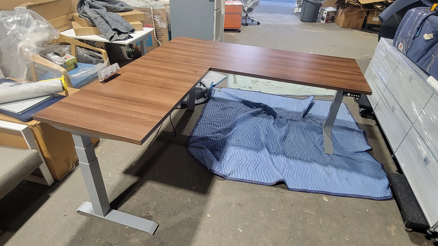 SitOnIt Switchback 3-Leg L-Shaped Height-Adjustable Desk in Walnut Laminate