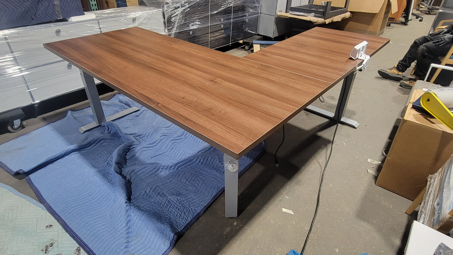 SitOnIt Switchback 3-Leg L-Shaped Height-Adjustable Desk in Walnut Laminate