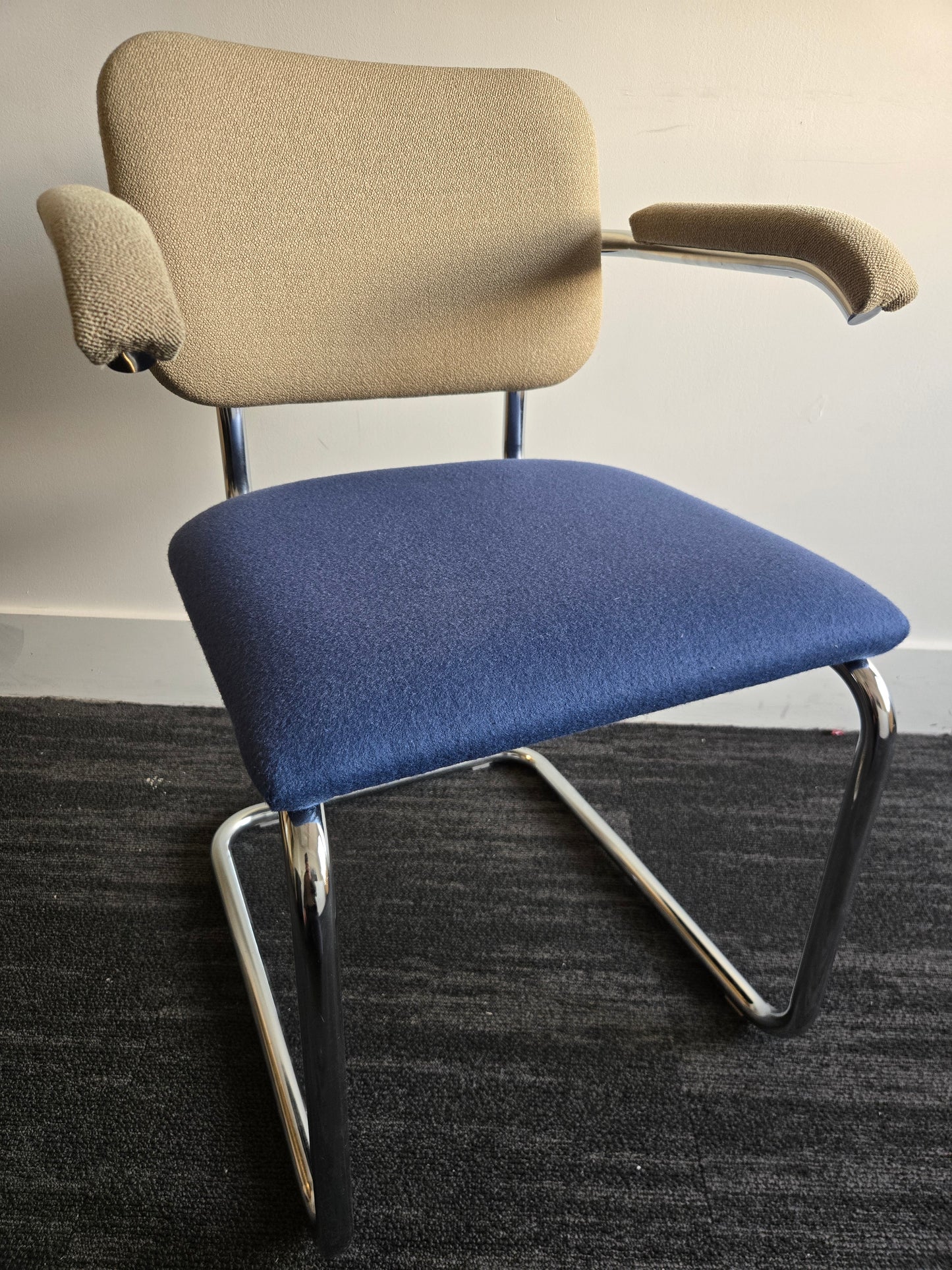 Knoll Cesca Upholstered Side Armchair with Blue Seat and Beige Back