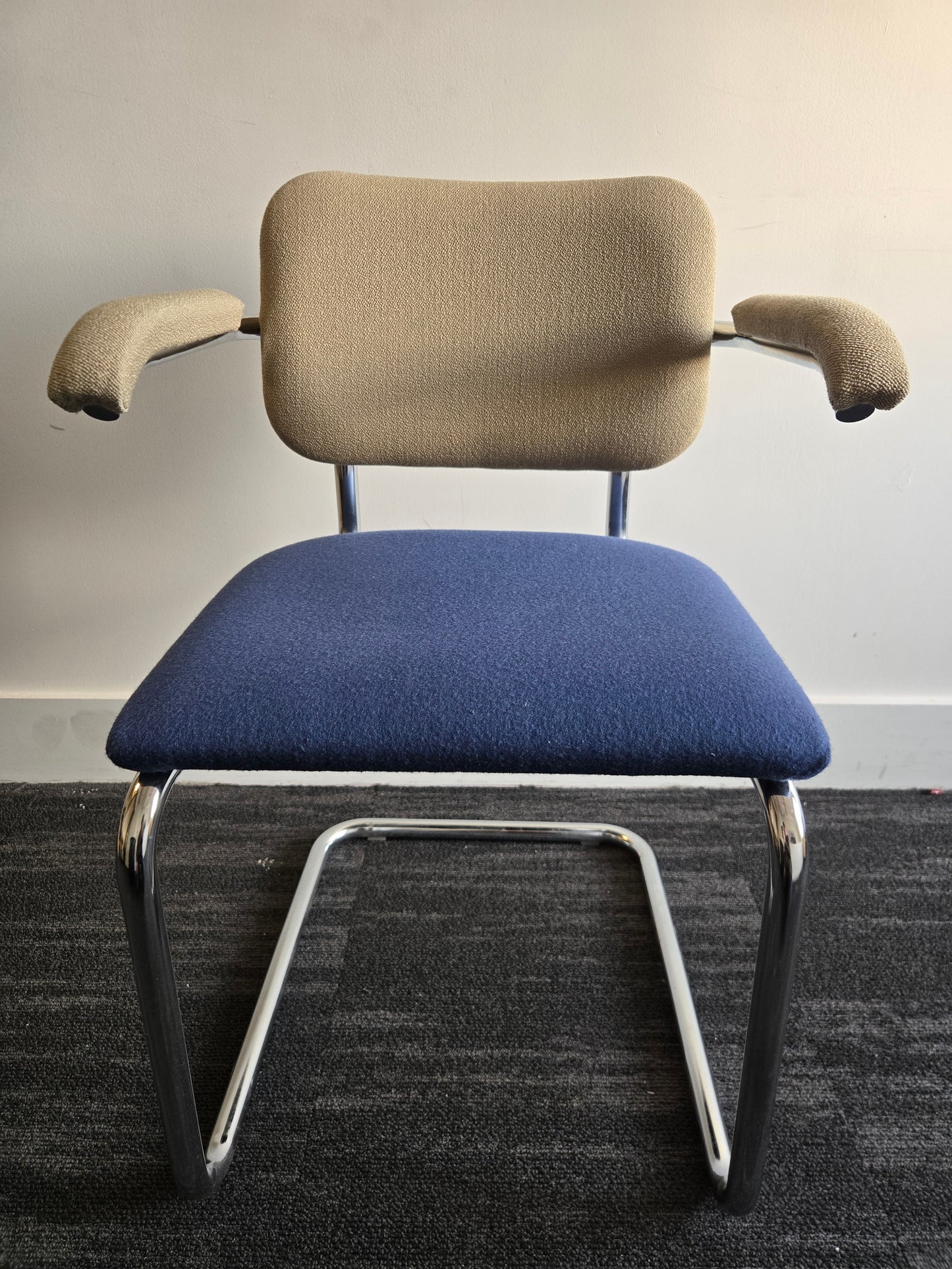 Knoll Cesca Upholstered Side Armchair with Blue Seat and Beige Back