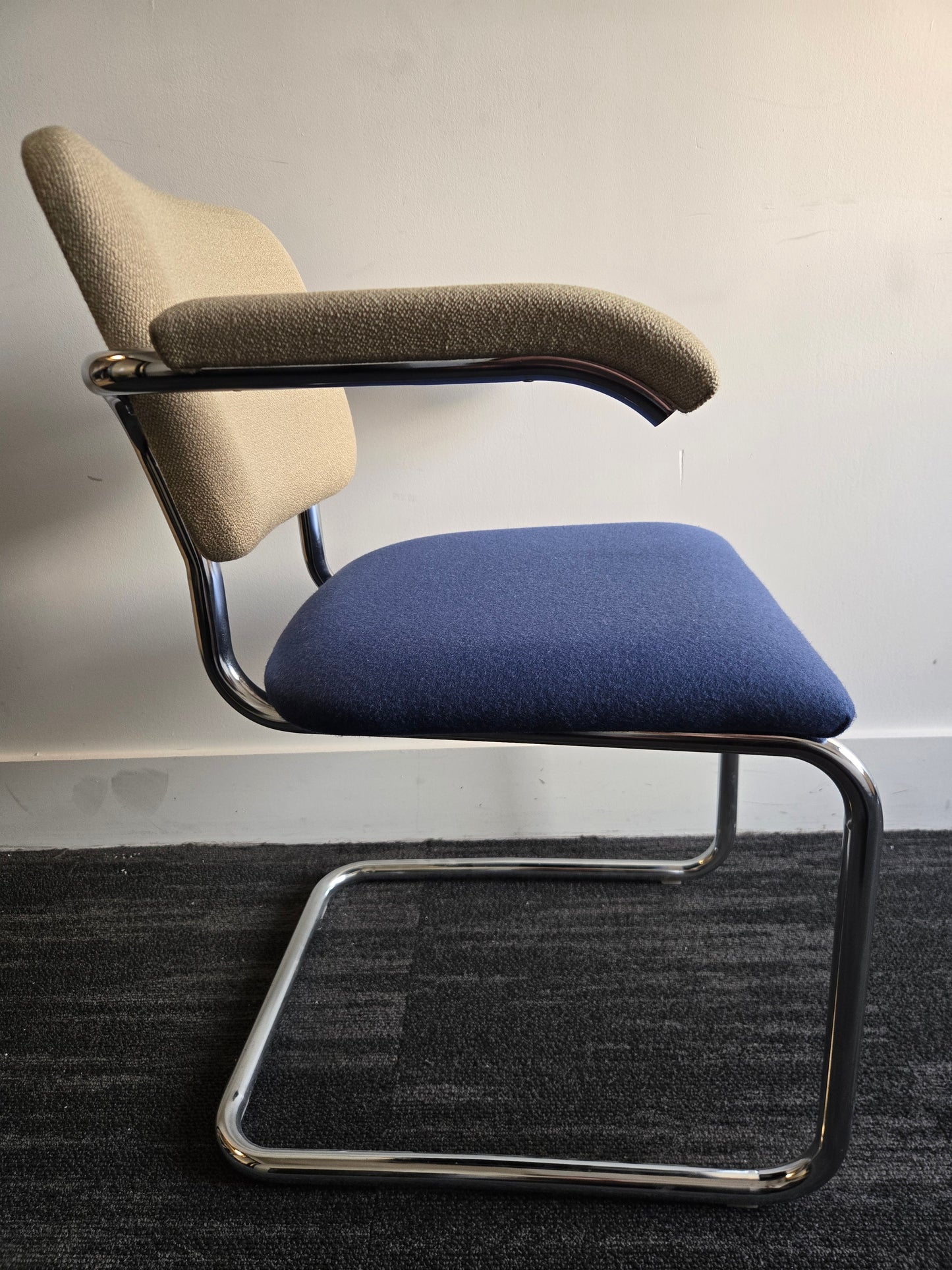 Knoll Cesca Upholstered Side Armchair with Blue Seat and Beige Back