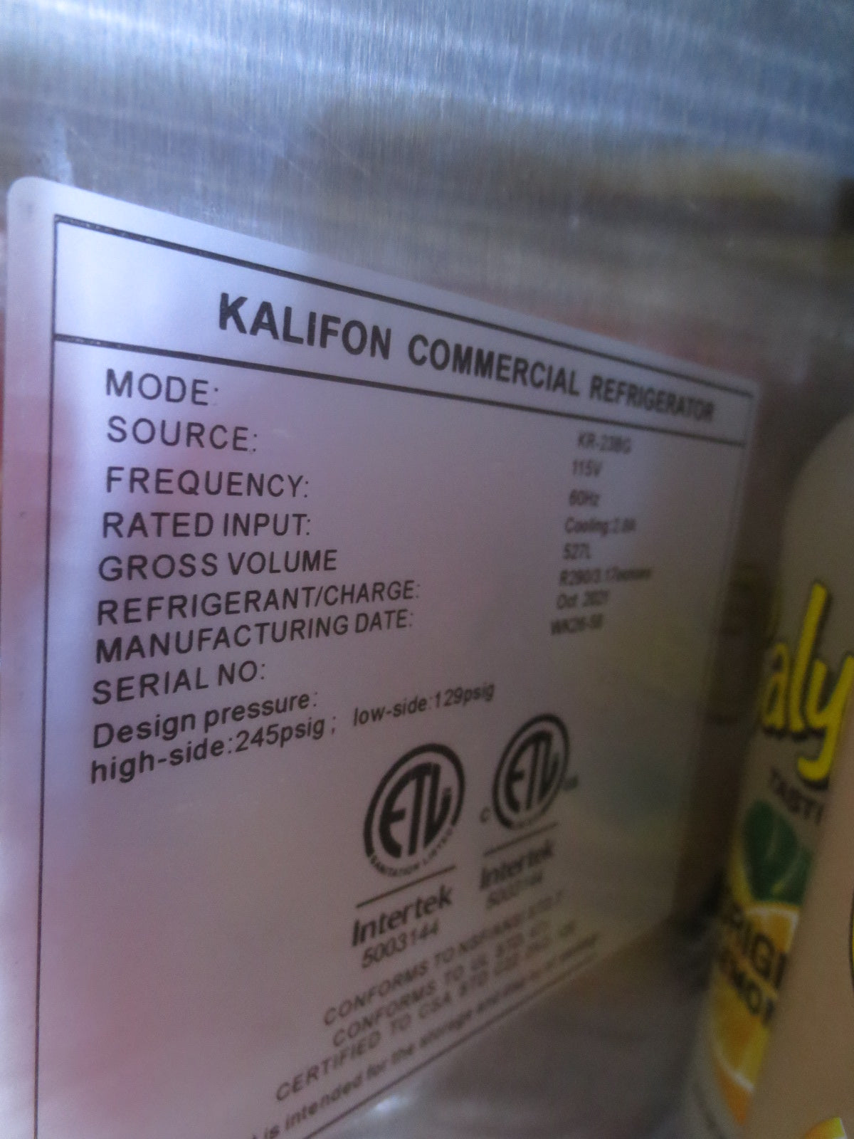 Kalifon Commerical Single Glass Door Refrigerator, Model KR-23BG
