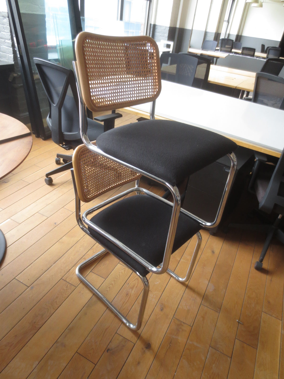 Knoll Cesca Side Chair with Upholstered Black Seat and Cane Woven Back