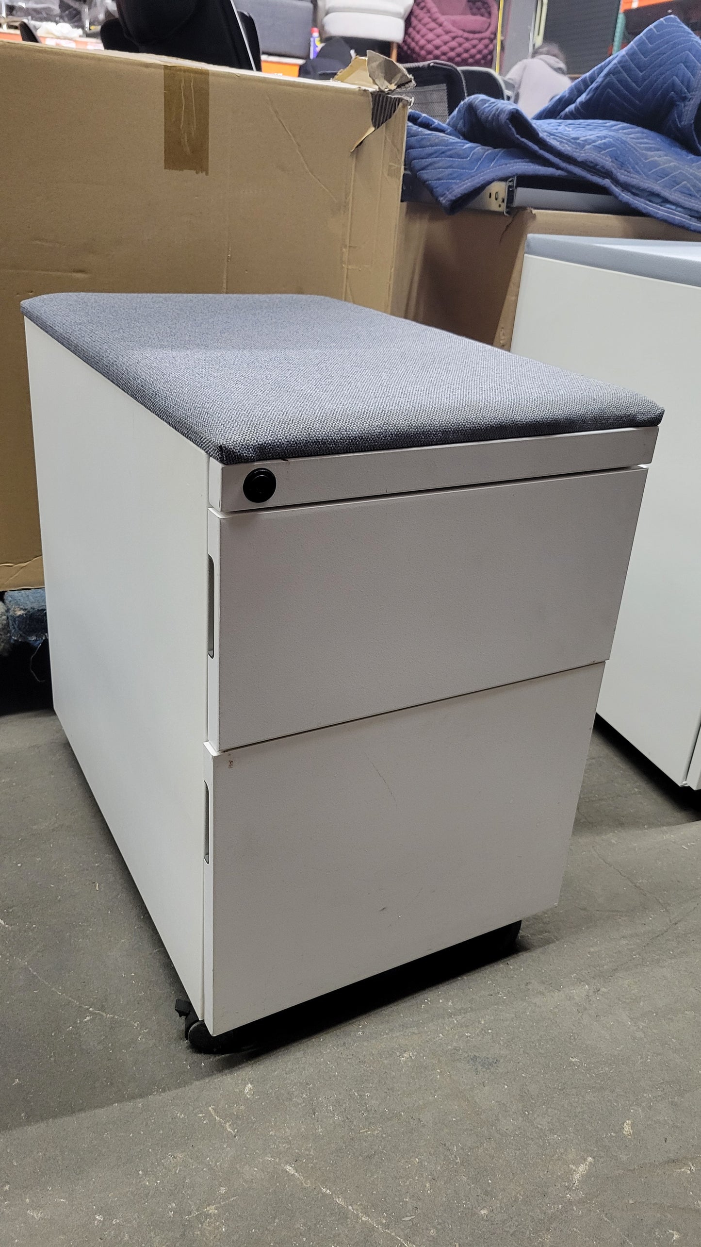 Knoll Two-Drawer Mobile Filing Pedestal in White with Upholstered Seat in Grey