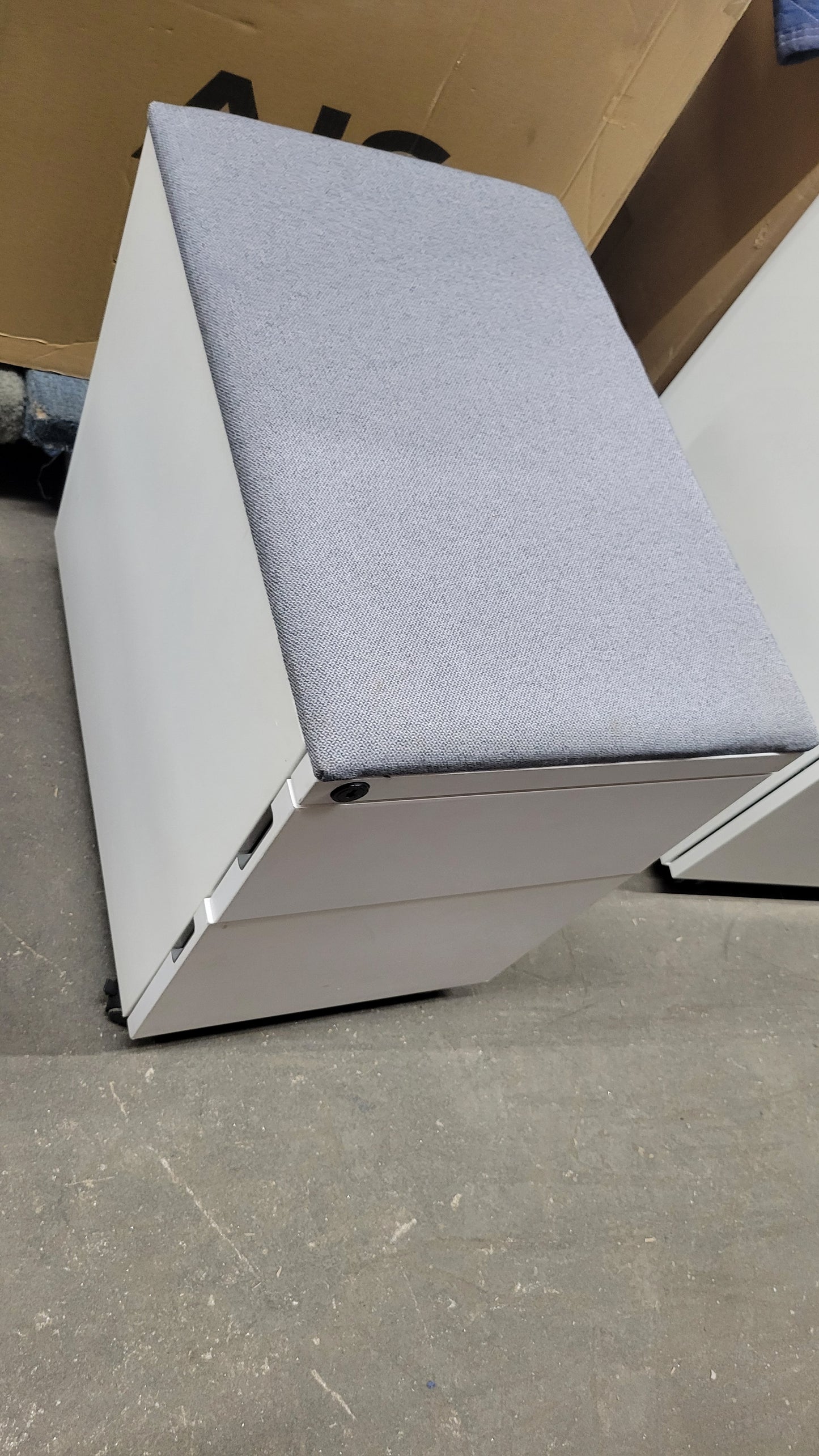 Knoll Two-Drawer Mobile Filing Pedestal in White with Upholstered Seat in Grey