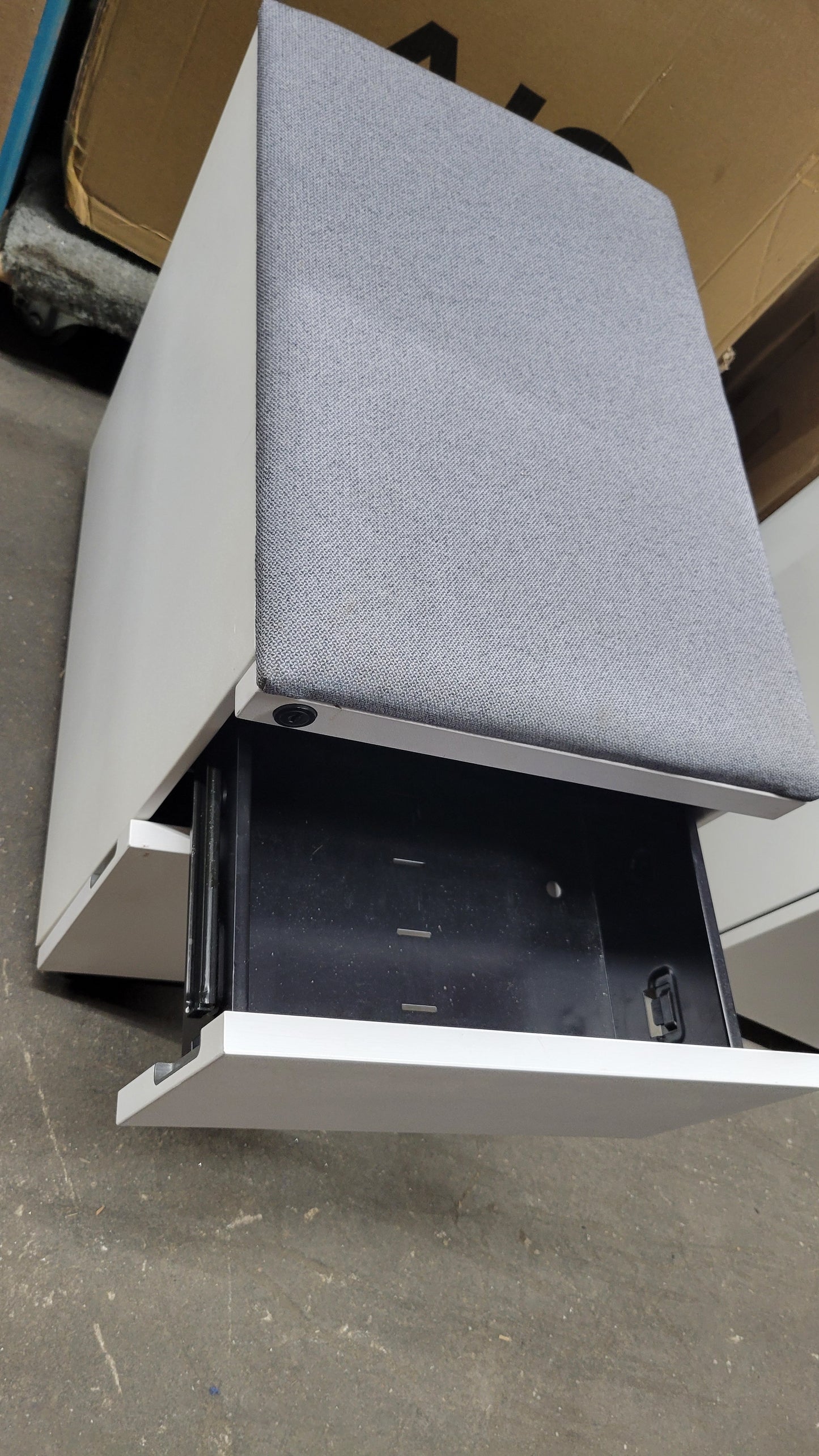 Knoll Two-Drawer Mobile Filing Pedestal in White with Upholstered Seat in Grey