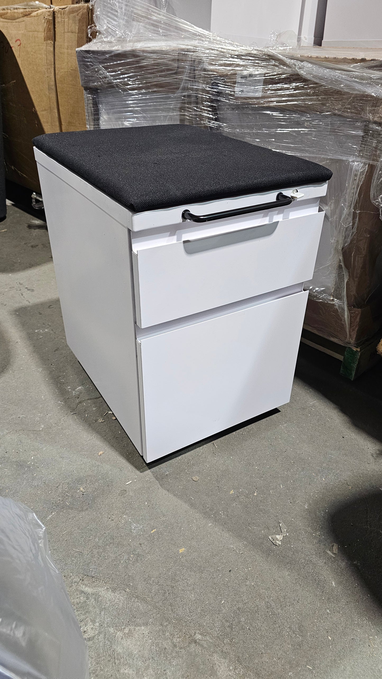 Knoll Series 2 Mobile Pedestal Filing Cabinet in White with Upholstered Seat in Black (New)