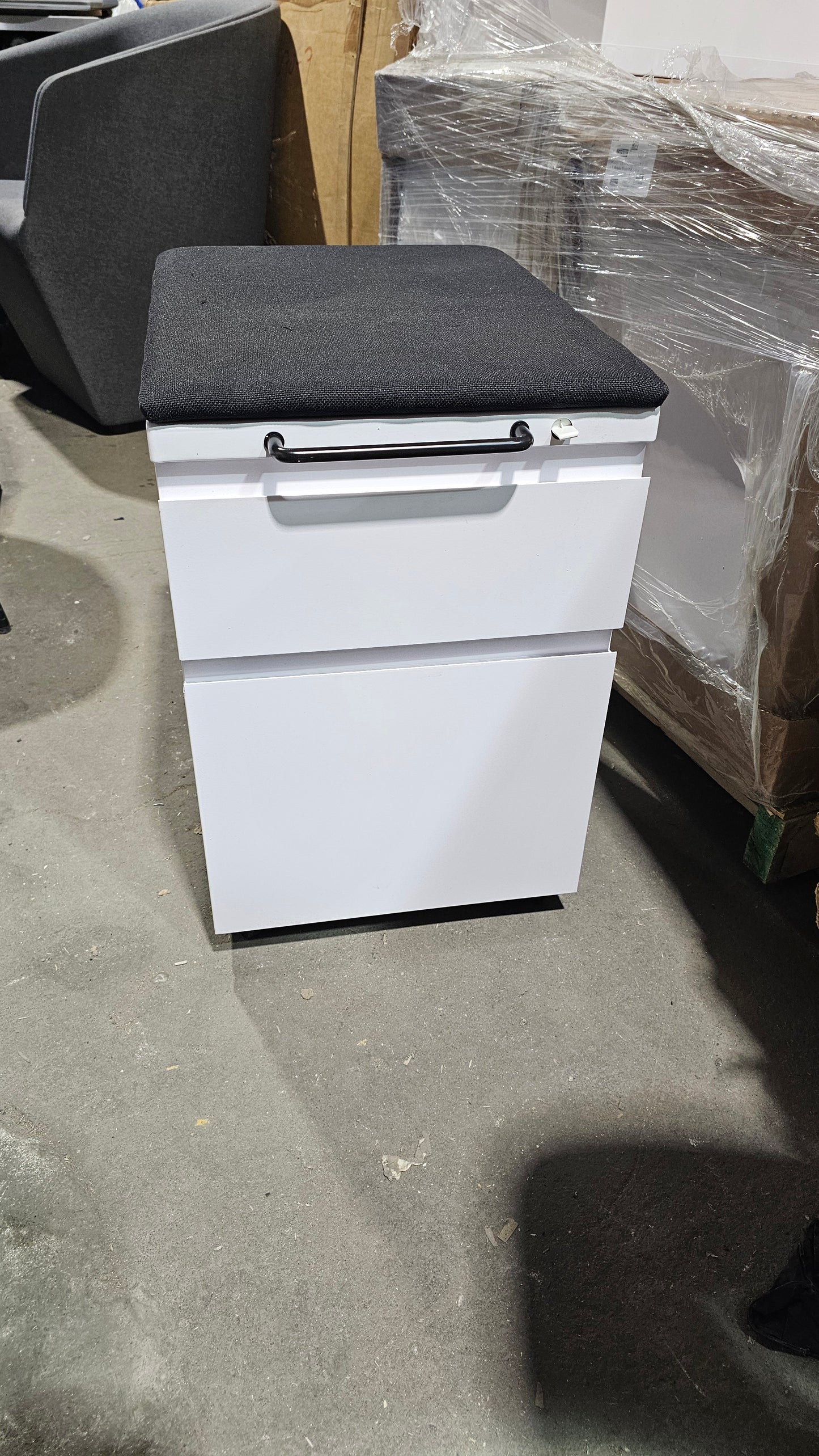 Knoll Series 2 Mobile Pedestal Filing Cabinet in White with Upholstered Seat in Black (New)