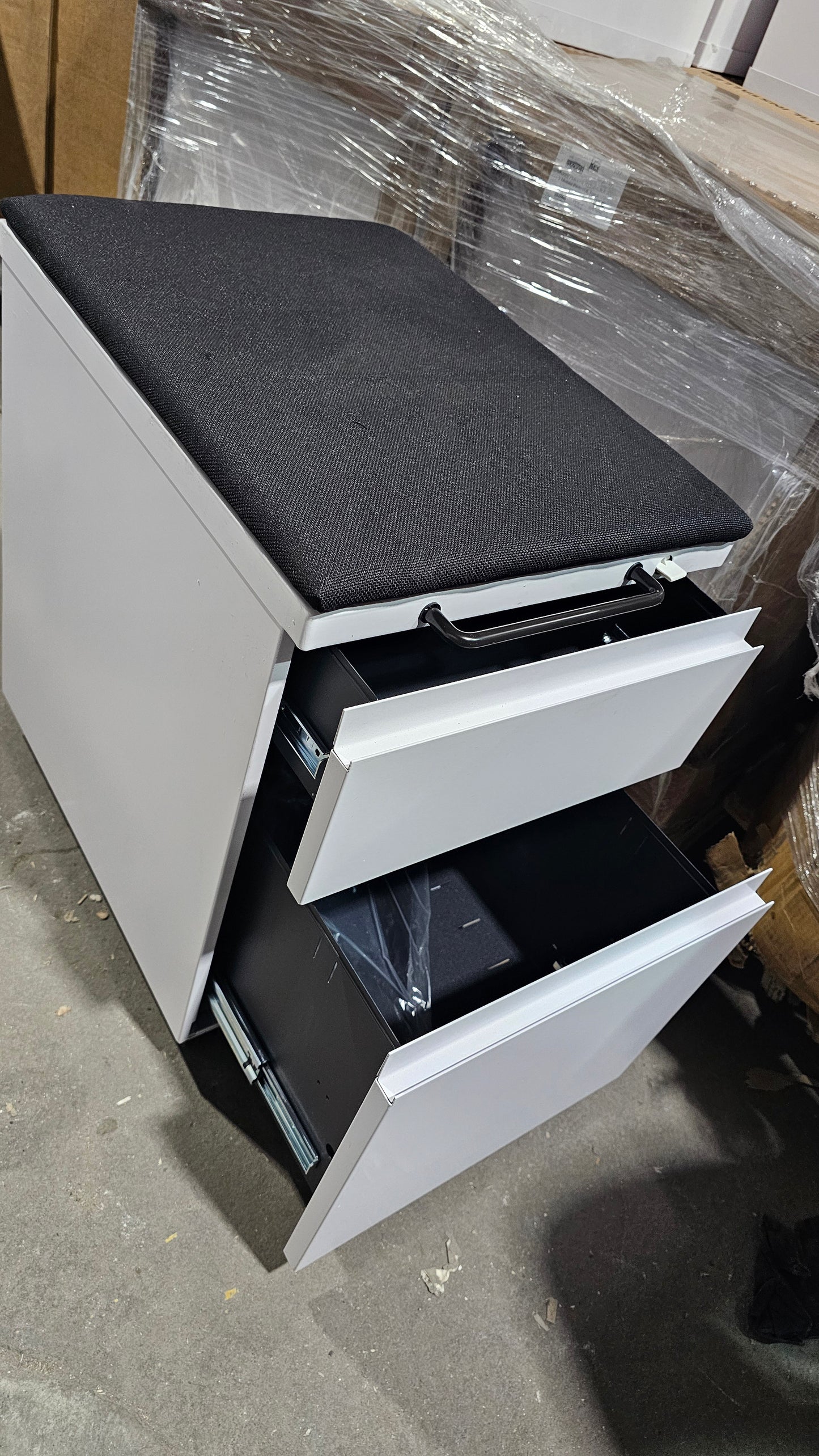 Knoll Series 2 Mobile Pedestal Filing Cabinet in White with Upholstered Seat in Black (New)