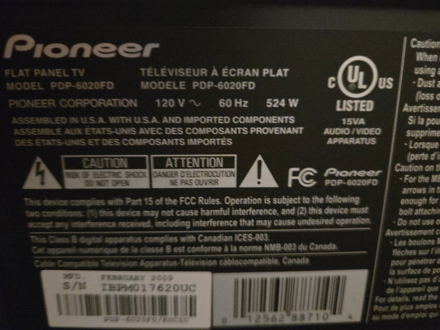 Pioneer Kuro PDP-6020FD Plasma TV