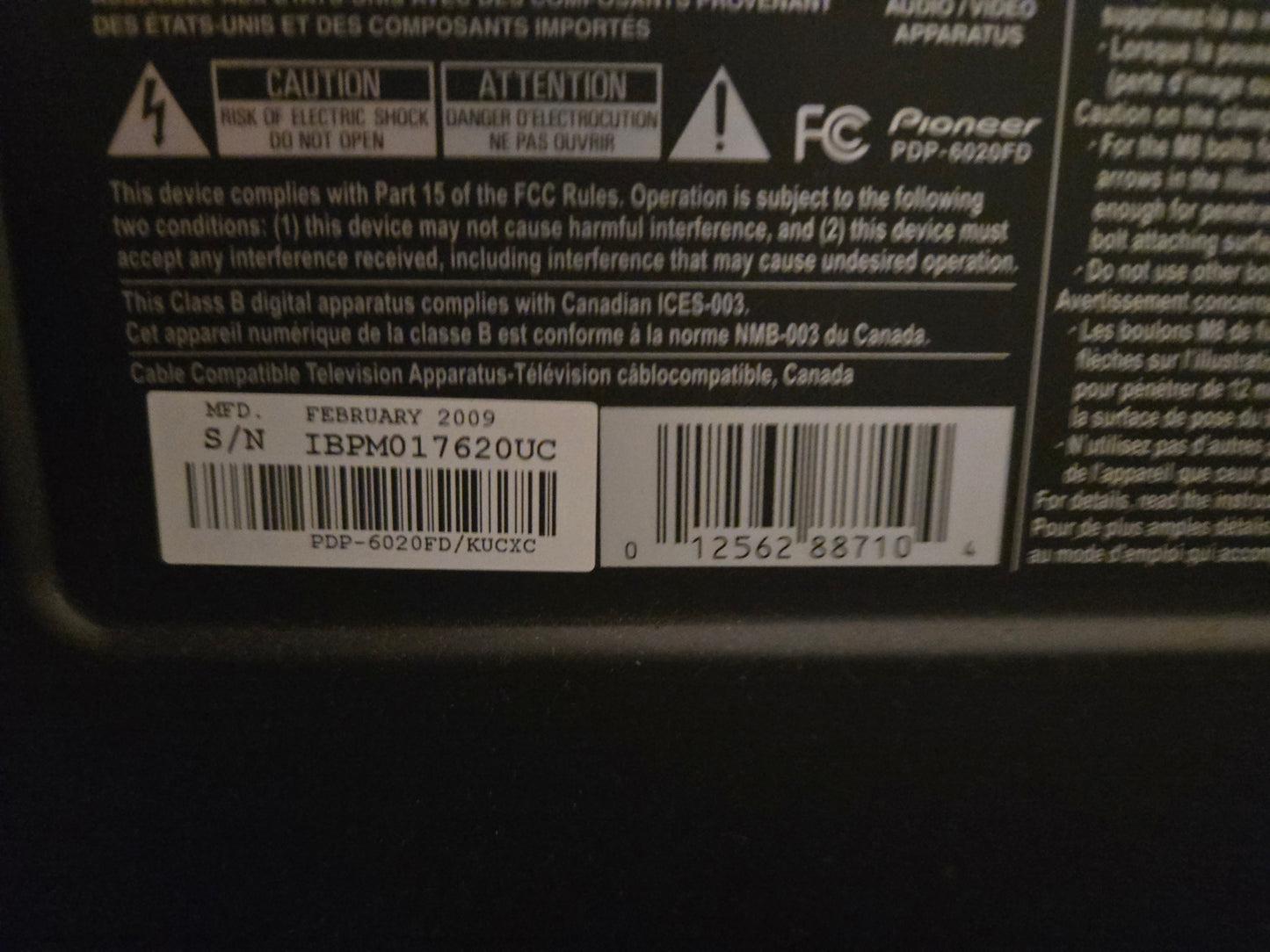 Pioneer Kuro PDP-6020FD Plasma TV
