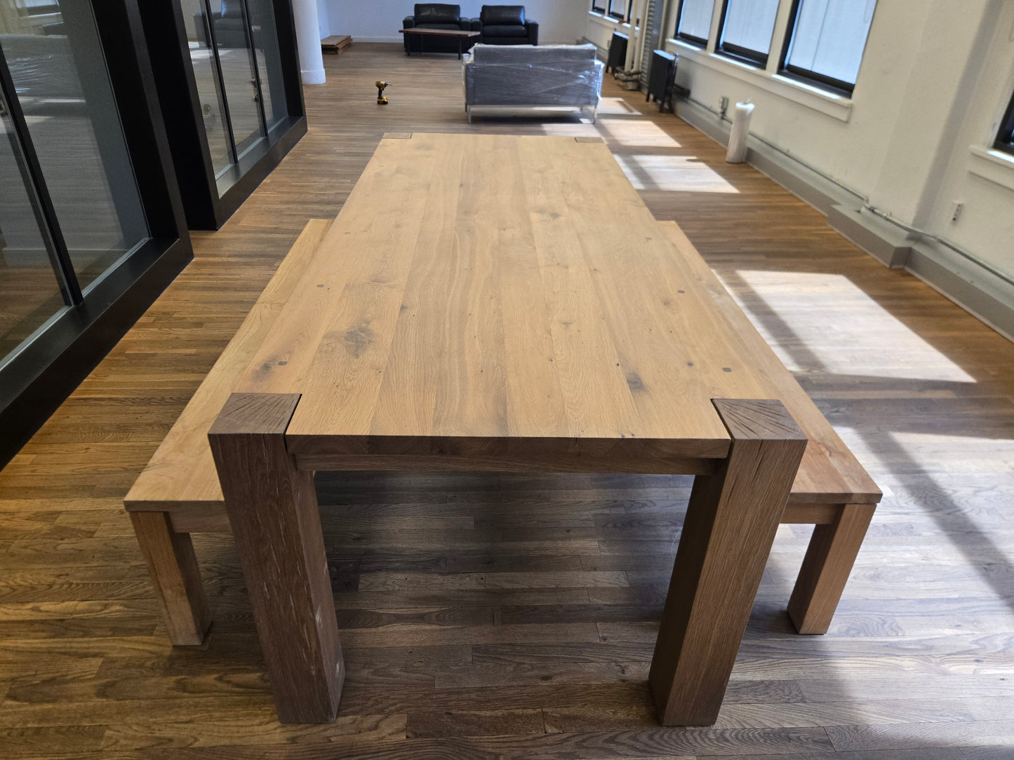 Crate & Barrel Big Sur 90-in Natural Oak Solid Wood Dining Table + 2 Pacifica Benches