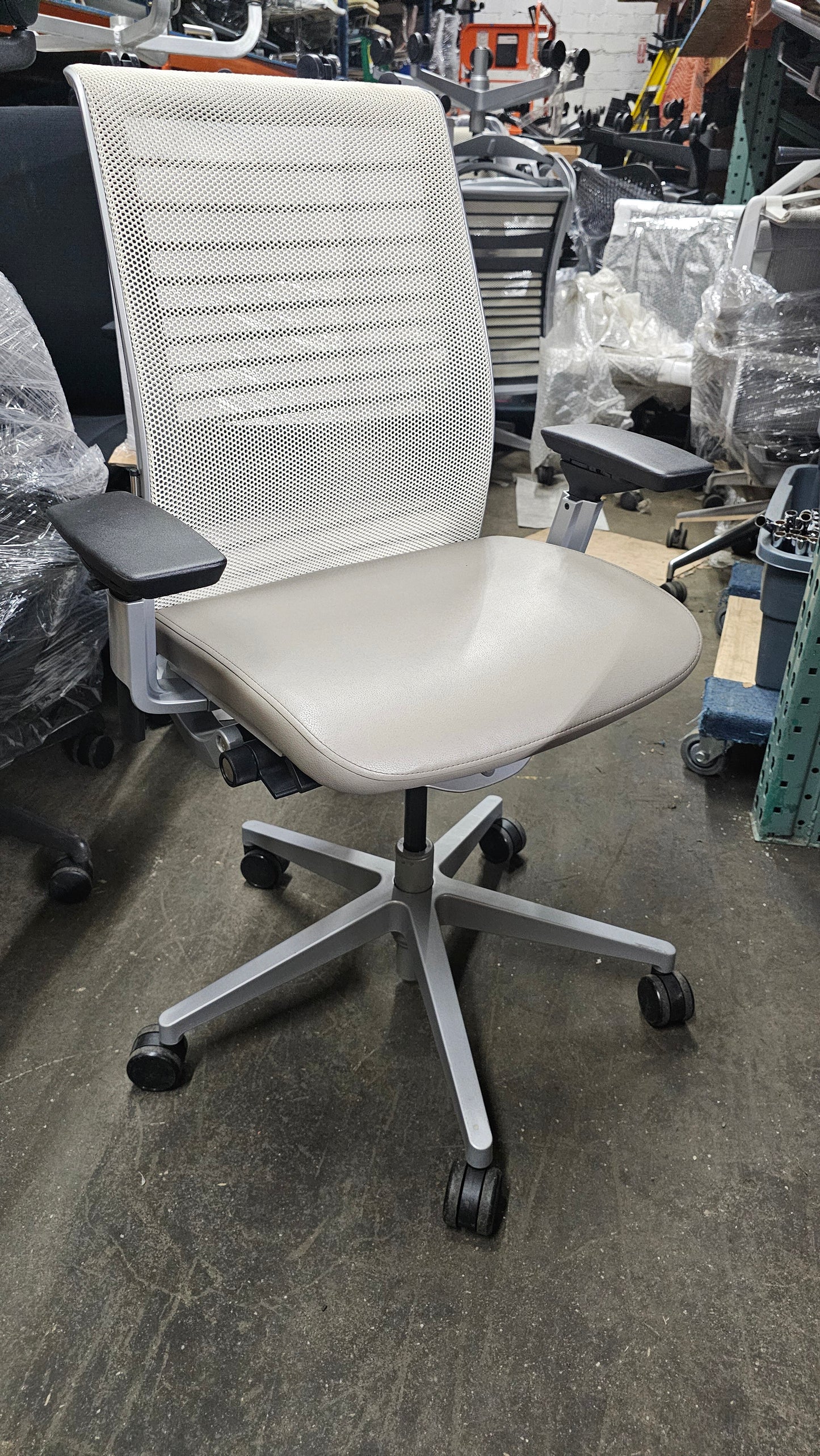 Steelcase Think V2 Chair in White Back and Light Grey Eco-Leather Seat