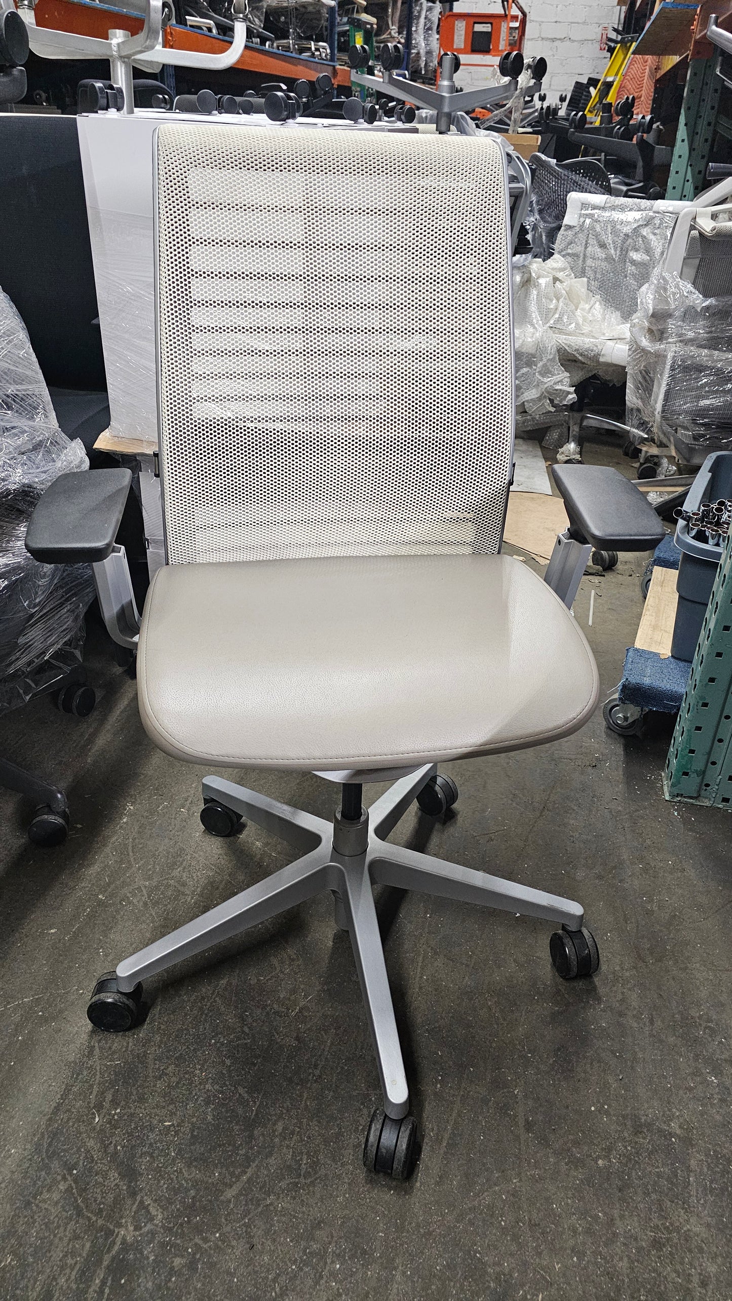 Steelcase Think V2 Chair in White Back and Light Grey Eco-Leather Seat