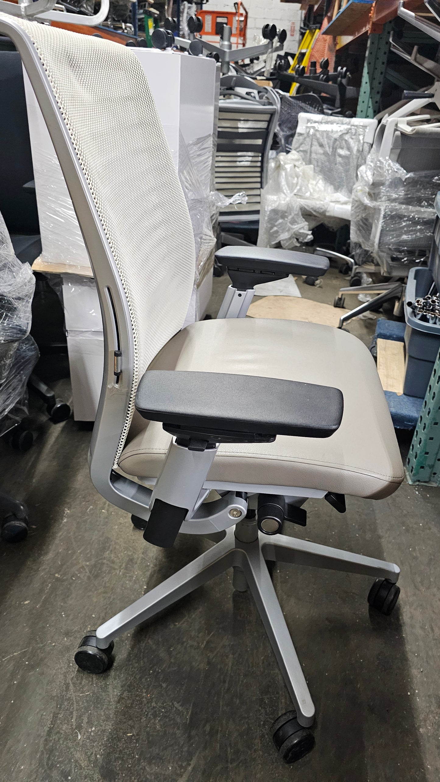 Steelcase Think V2 Chair in White Back and Light Grey Eco-Leather Seat