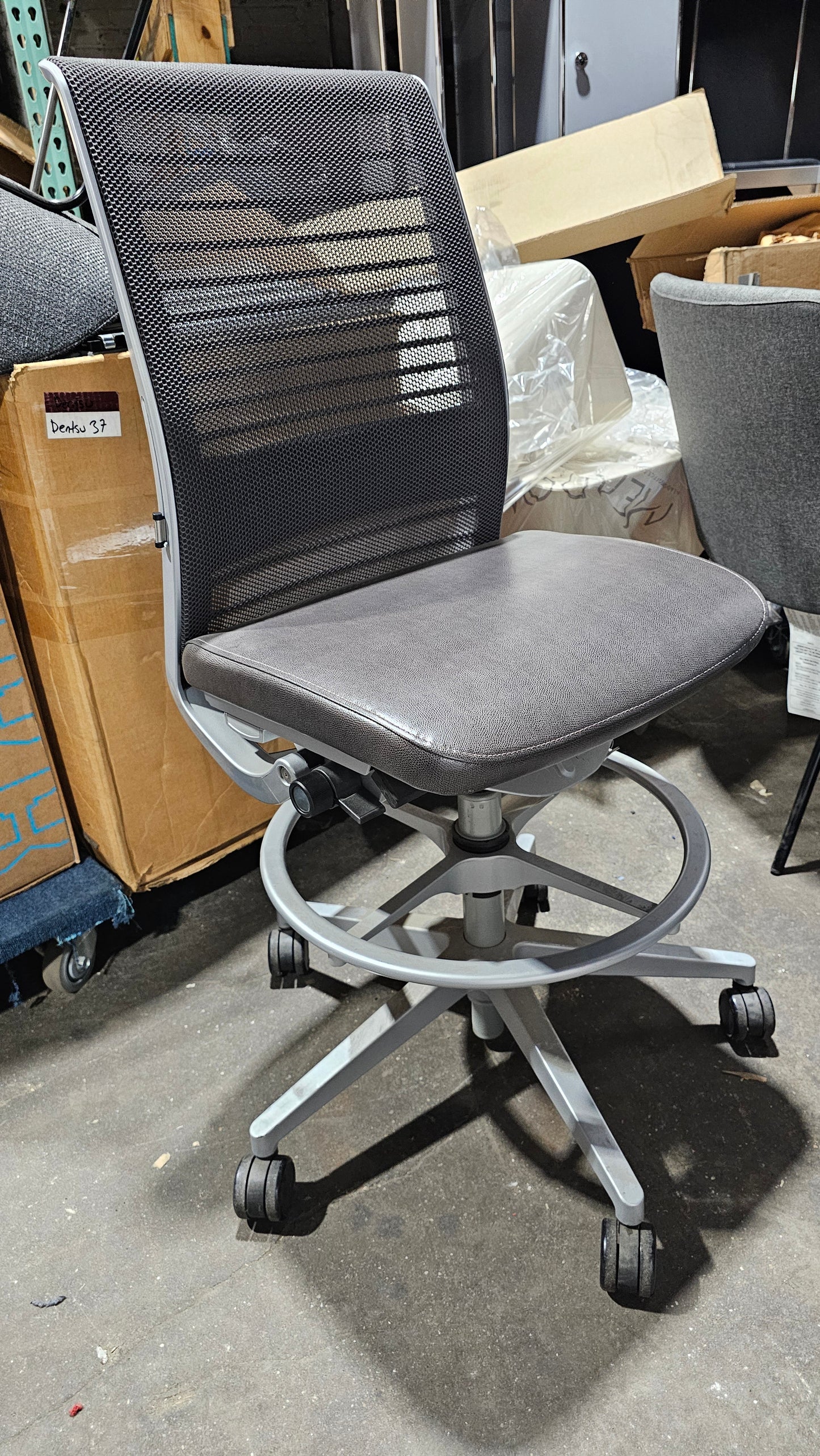 Steelcase Think V2 Armless Drafting Stool in Black Back and Brown Eco-Leather Seat