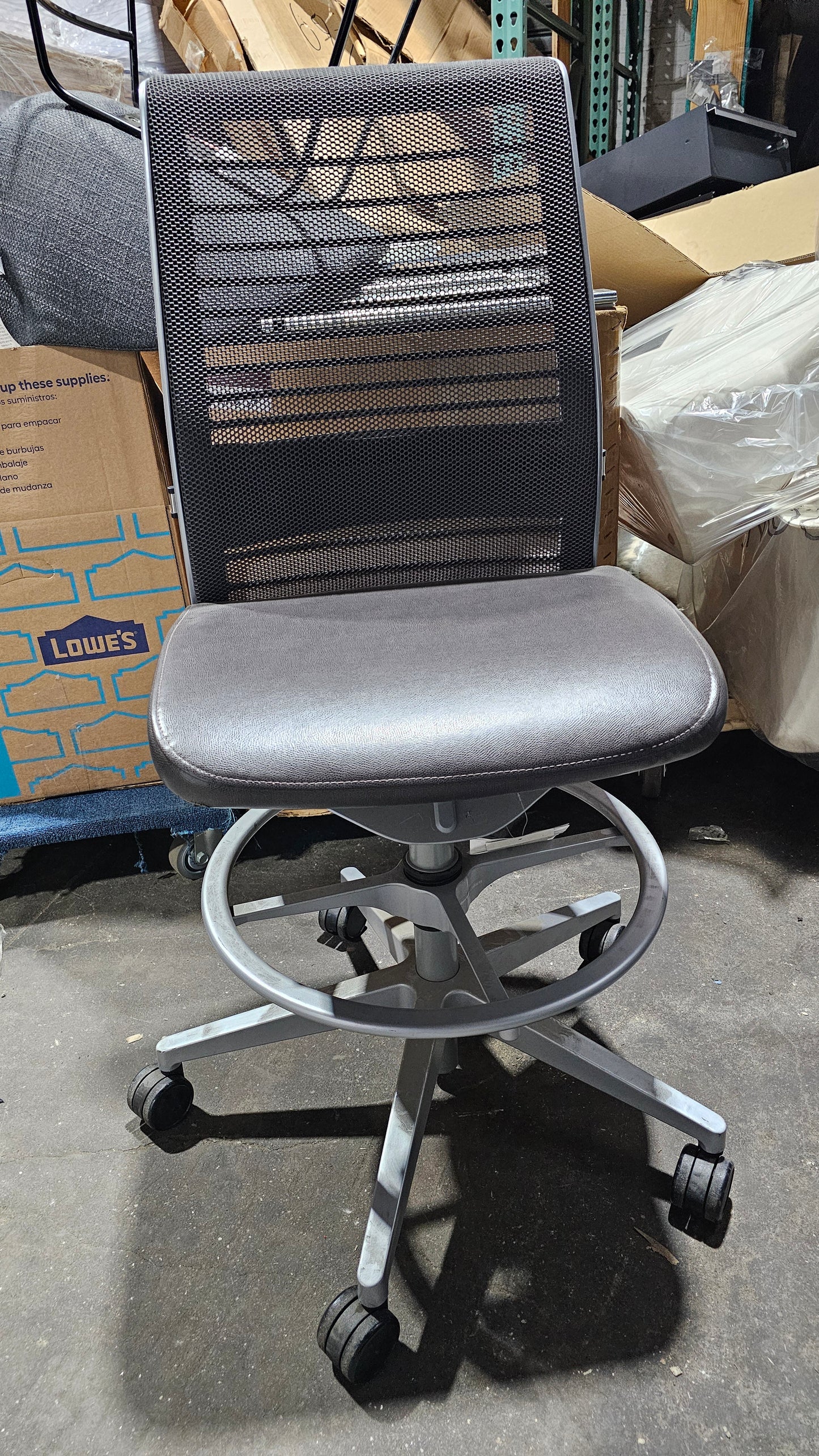 Steelcase Think V2 Armless Drafting Stool in Black Back and Brown Eco-Leather Seat