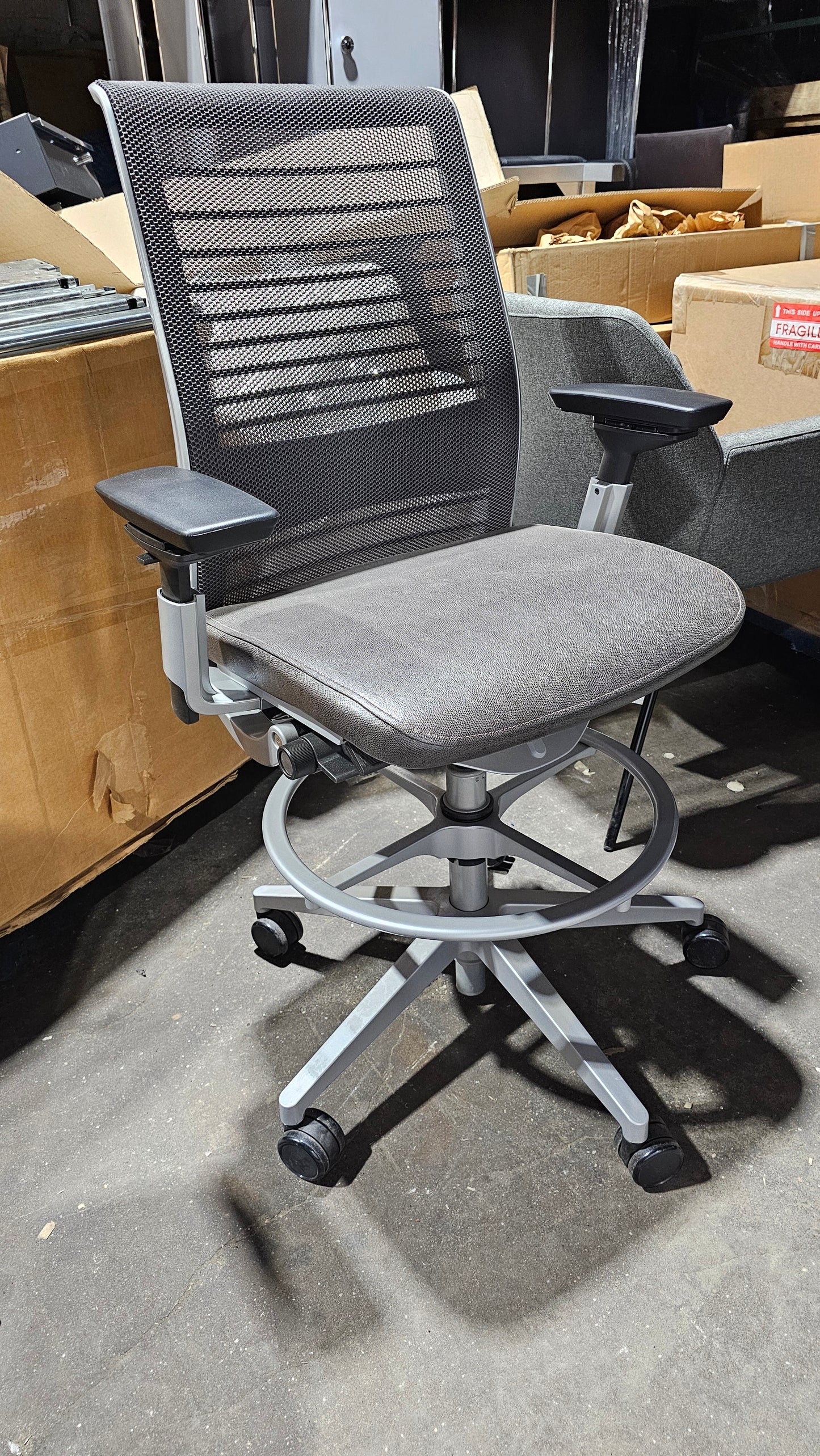 Steelcase Think V2 Drafting Stool in Black Back and Brown Eco-Leather Seat