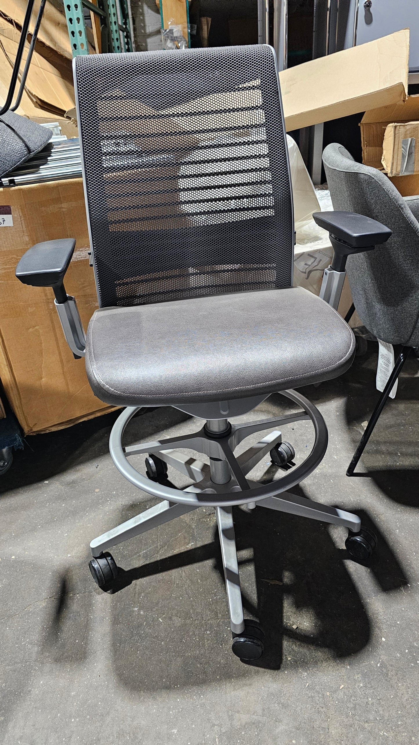 Steelcase Think V2 Drafting Stool in Black Back and Brown Eco-Leather Seat
