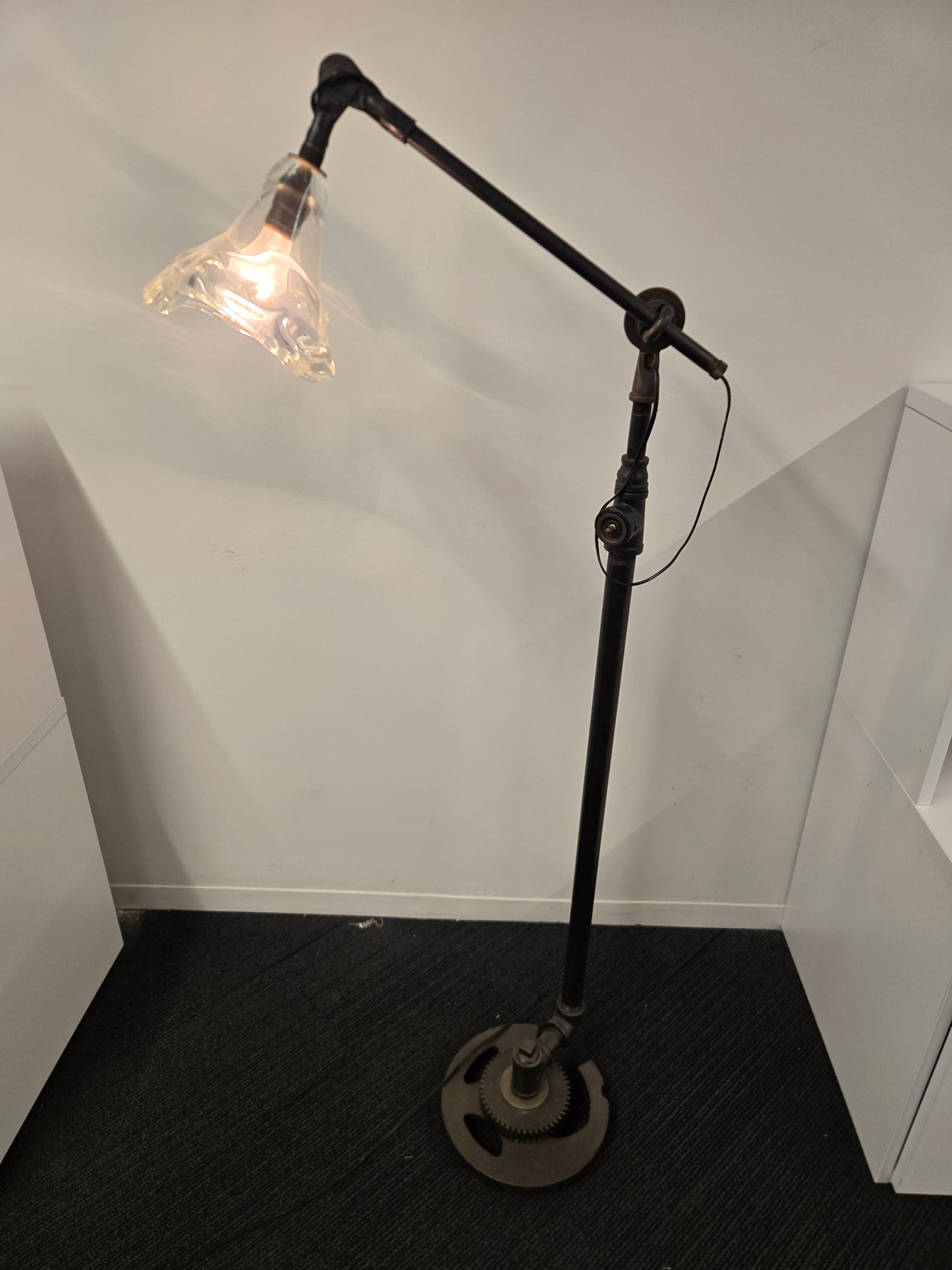 Industrial Adjustable Iron Floor Lamp with Hand-Blown Glass Shade