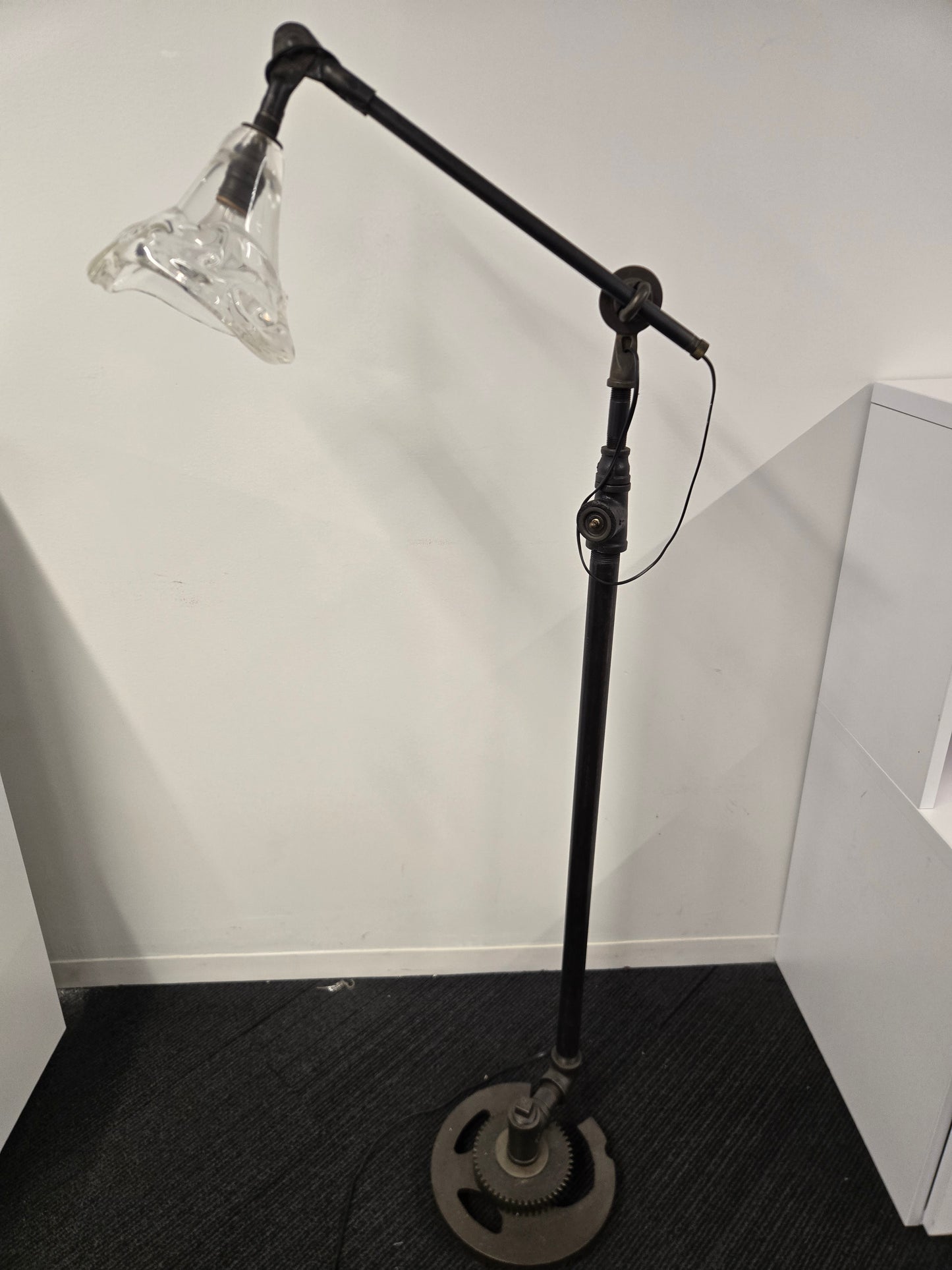 Industrial Adjustable Iron Floor Lamp with Hand-Blown Glass Shade