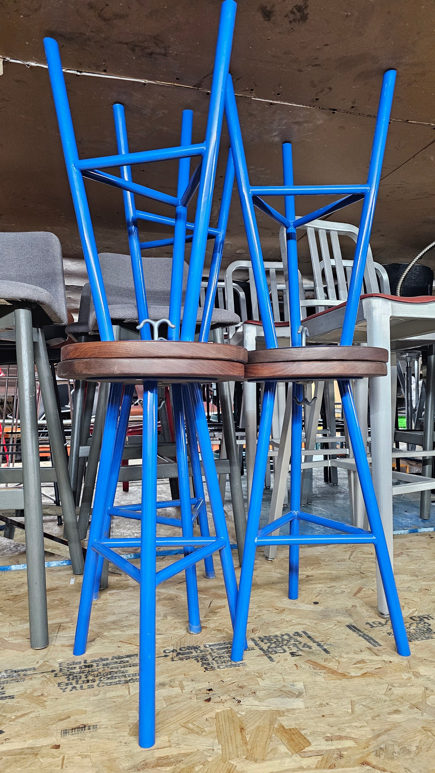 Industrial Style Blue Metal Counter Height Stool with Walnut Wood Seat