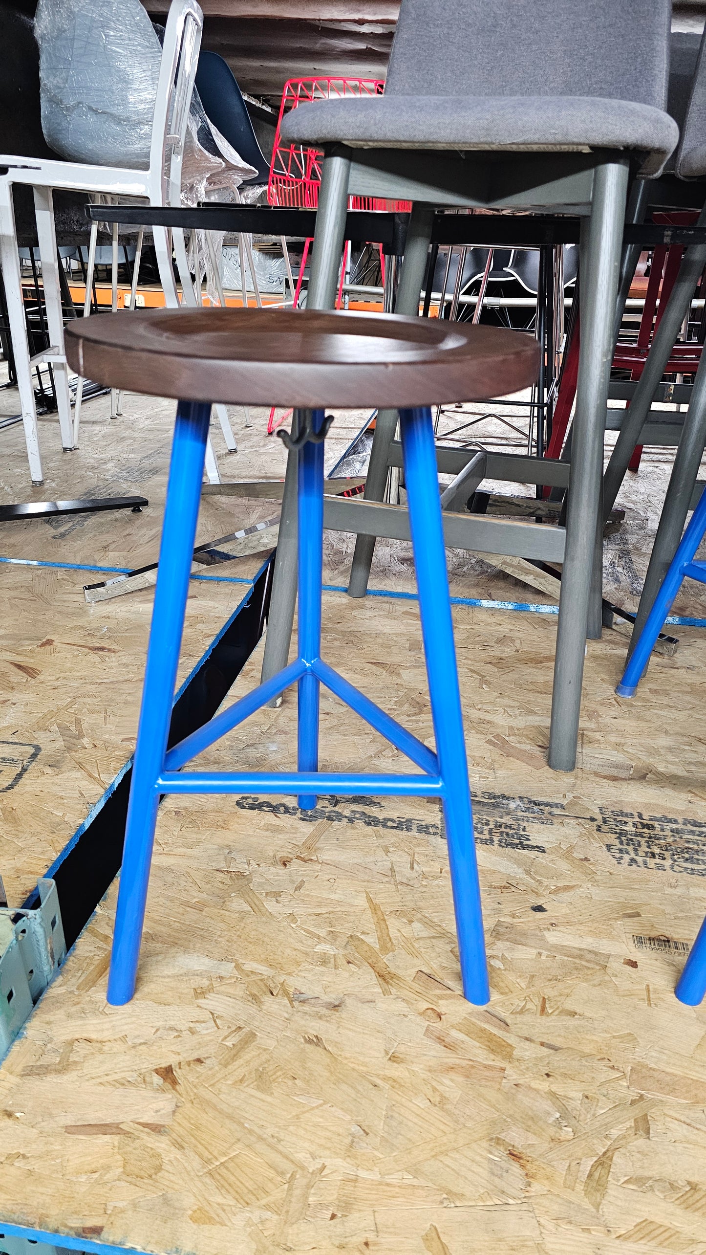 Industrial Style Blue Metal Counter Height Stool with Walnut Wood Seat