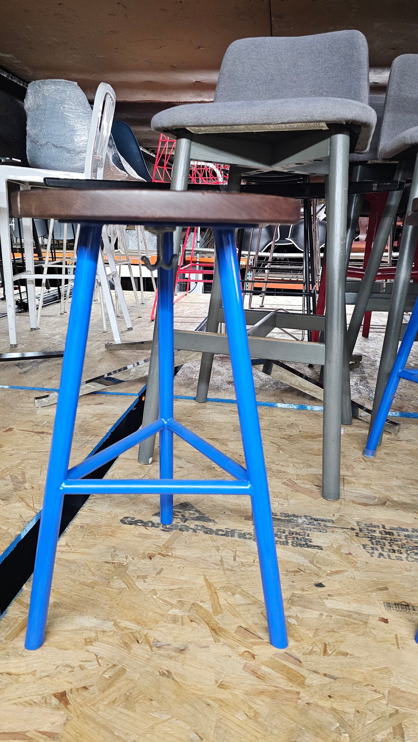 Industrial Style Blue Metal Counter Height Stool with Walnut Wood Seat