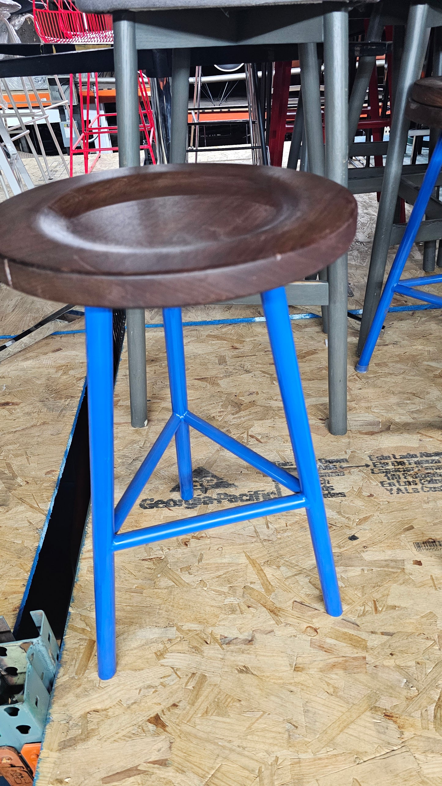 Industrial Style Blue Metal Counter Height Stool with Walnut Wood Seat
