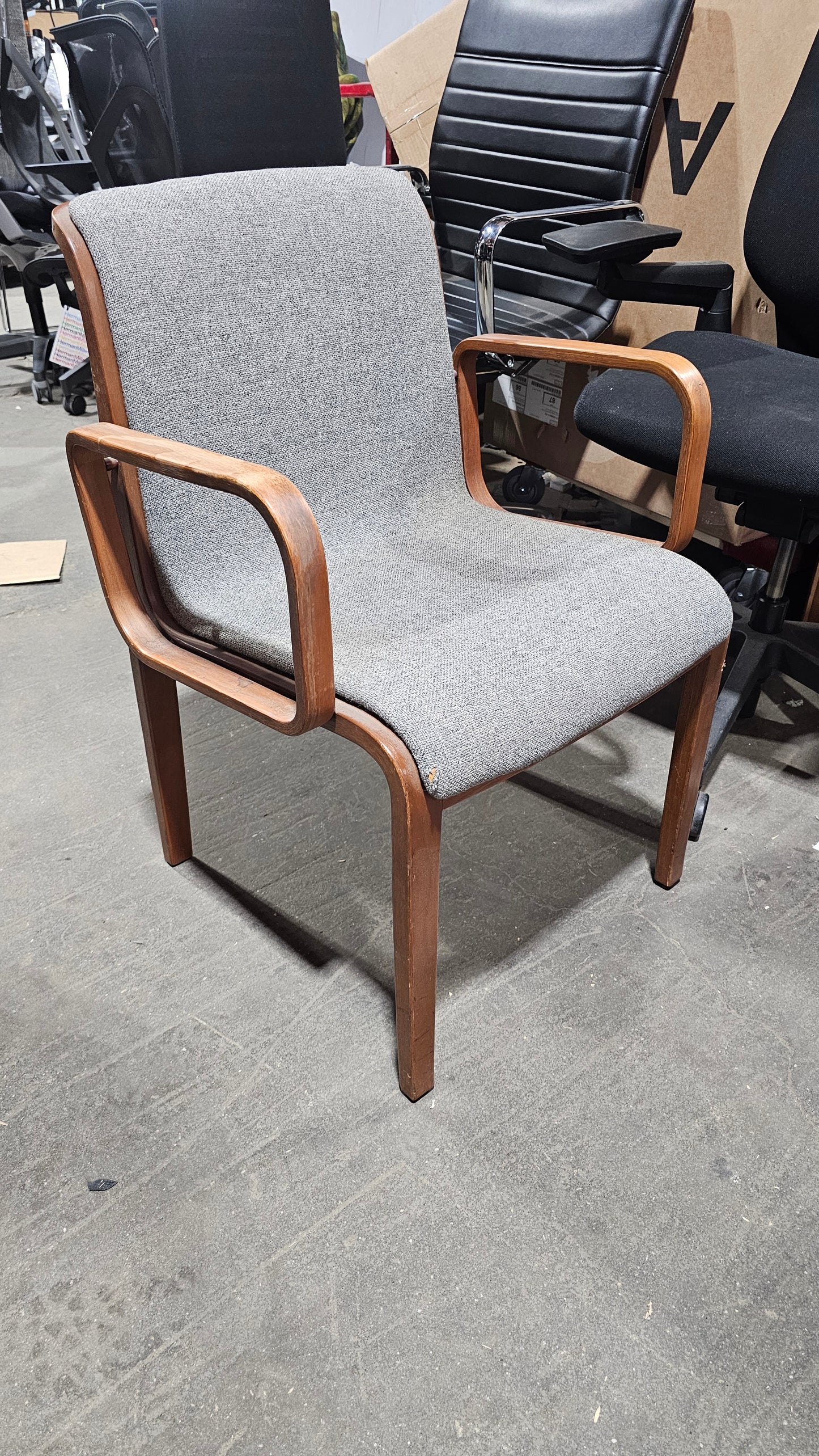 Knoll Bill Stephens 1300 Armchair in Heather Grey Fabric with Walnut Frame