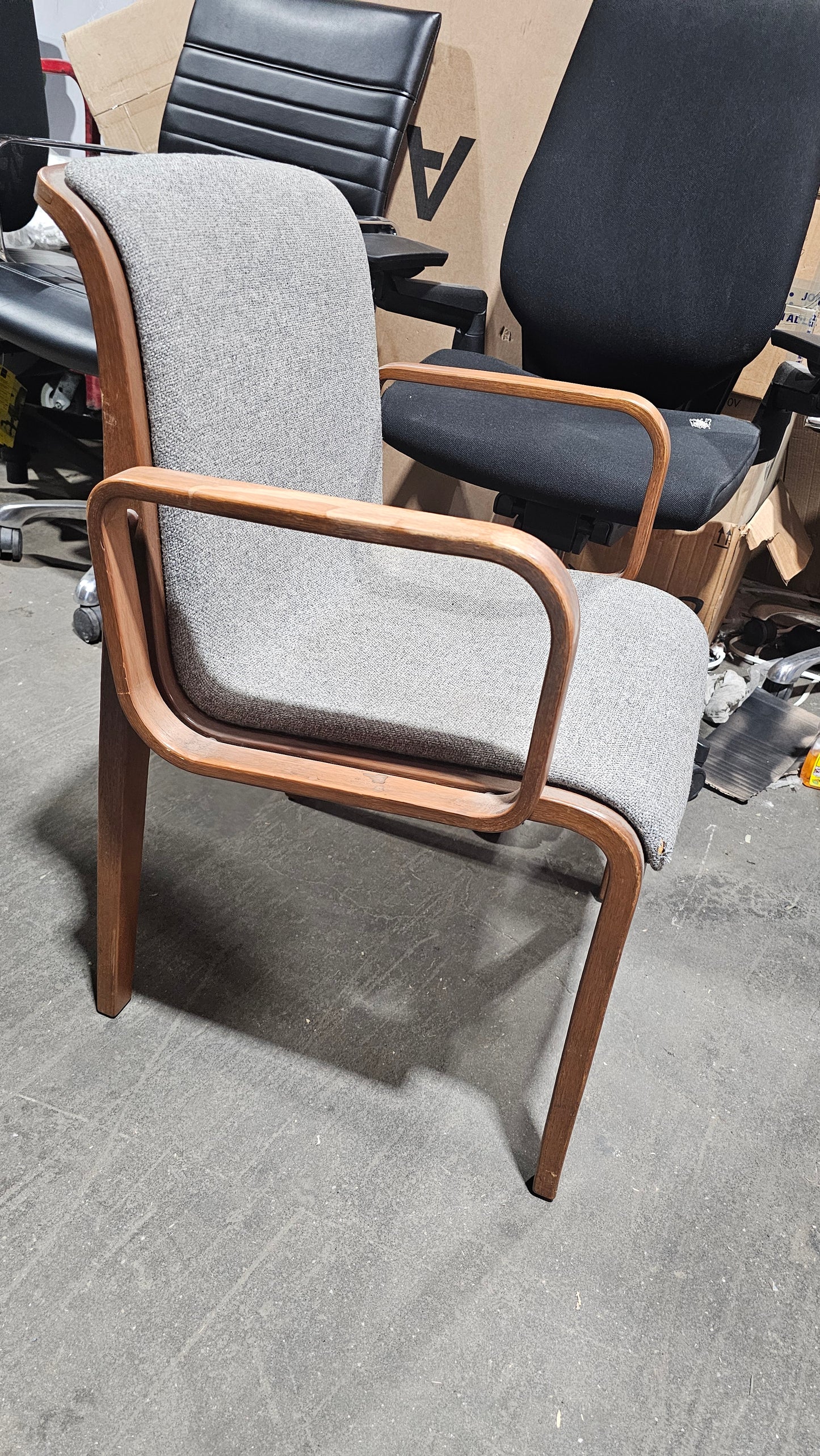 Knoll Bill Stephens 1300 Armchair in Heather Grey Fabric with Walnut Frame