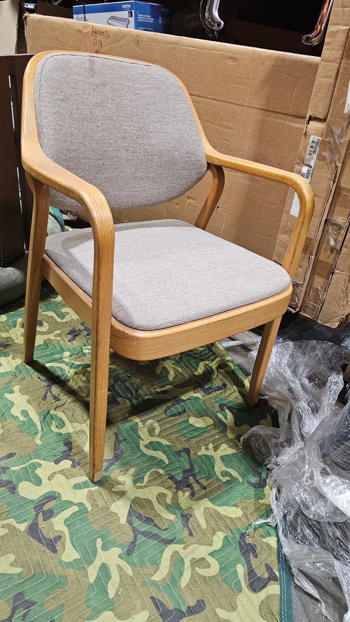 Knoll Don Petitt 1105 Bentwood Armchair in Light Grey Fabric with Natural Oak Frame