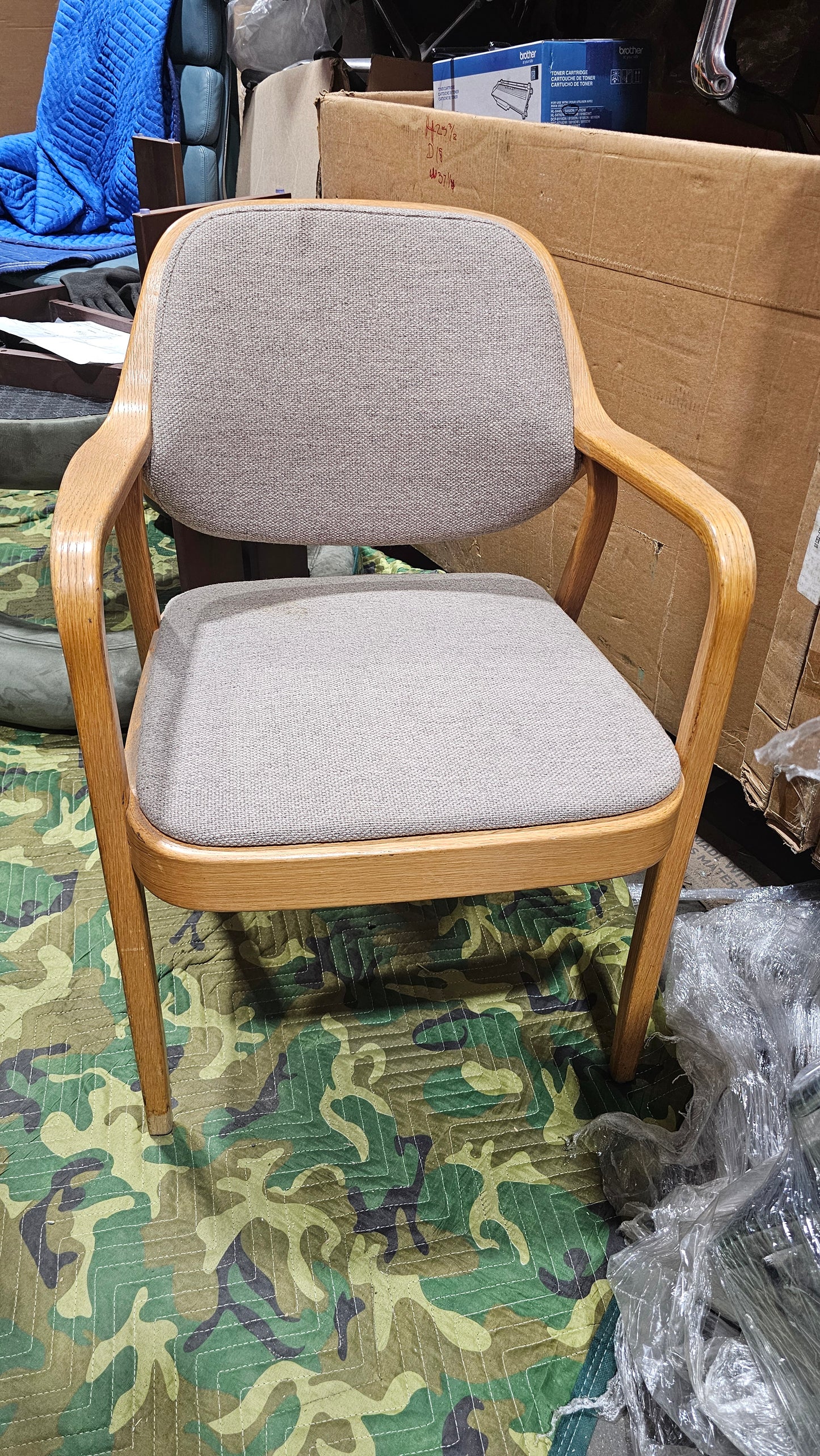 Knoll Don Petitt 1105 Bentwood Armchair in Light Grey Fabric with Natural Oak Frame
