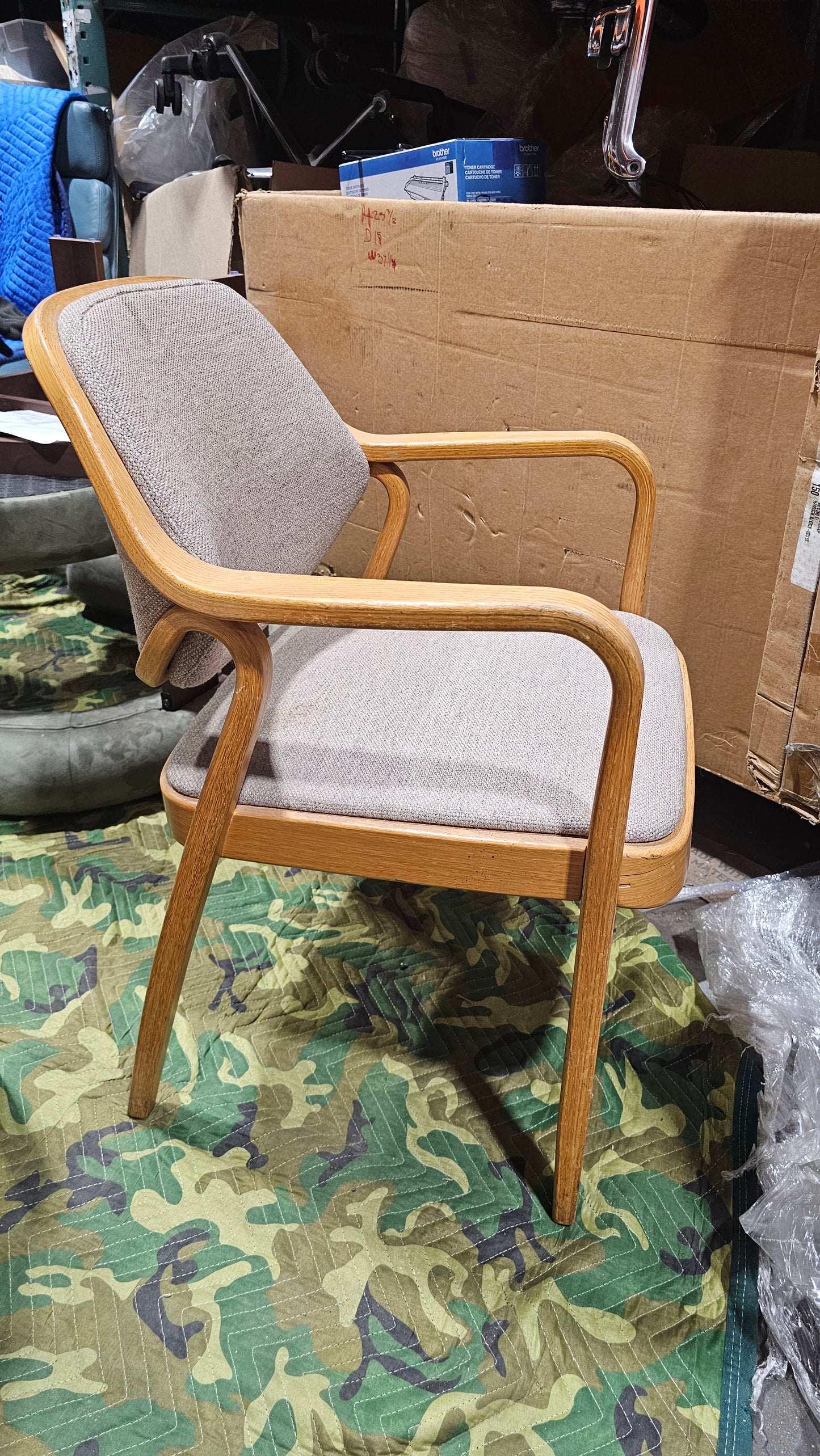 Knoll Don Petitt 1105 Bentwood Armchair in Light Grey Fabric with Natural Oak Frame