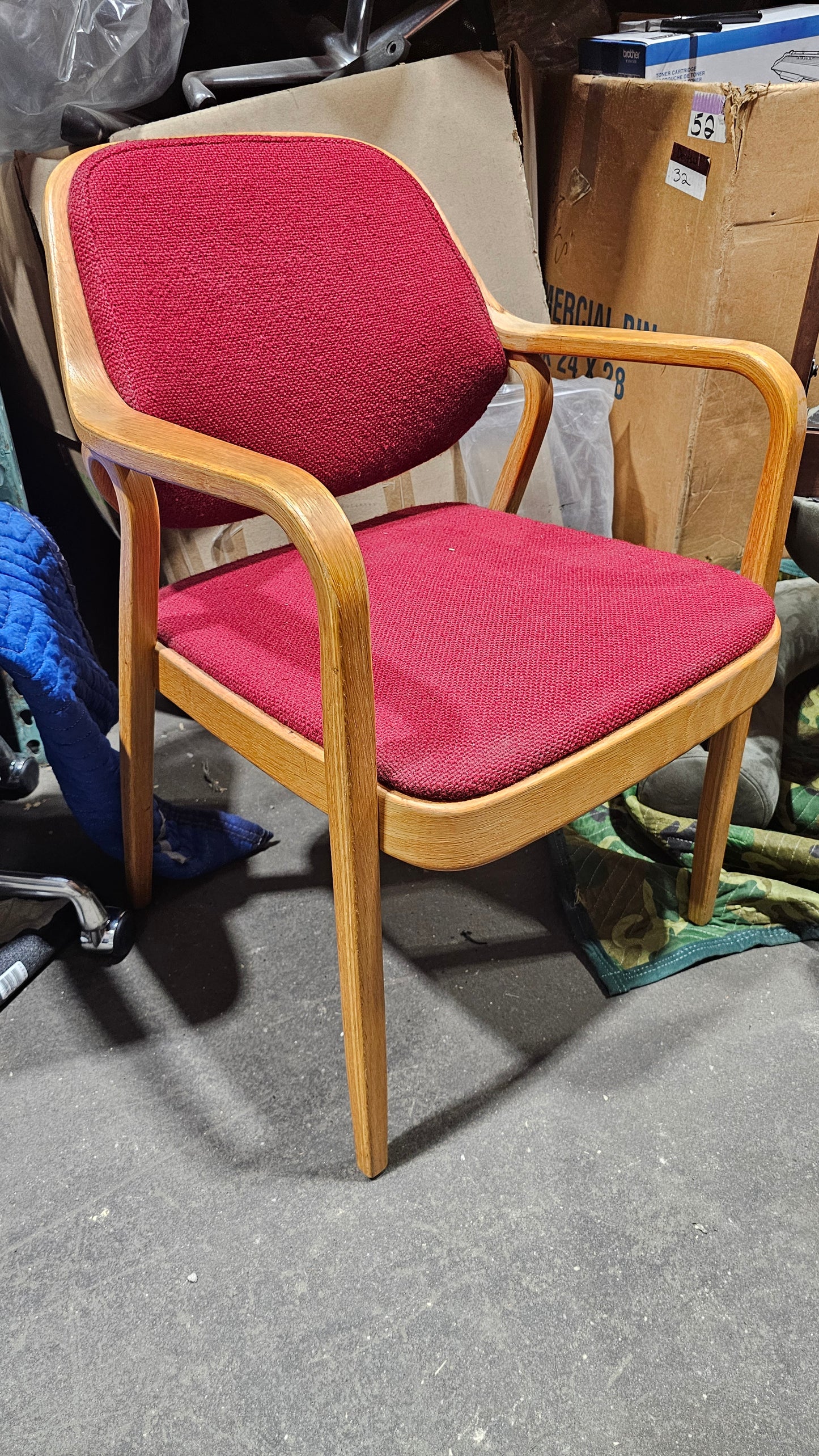 Knoll Don Petitt 1105 Bentwood Armchair in Berry Red Fabric with Natural Oak Frame