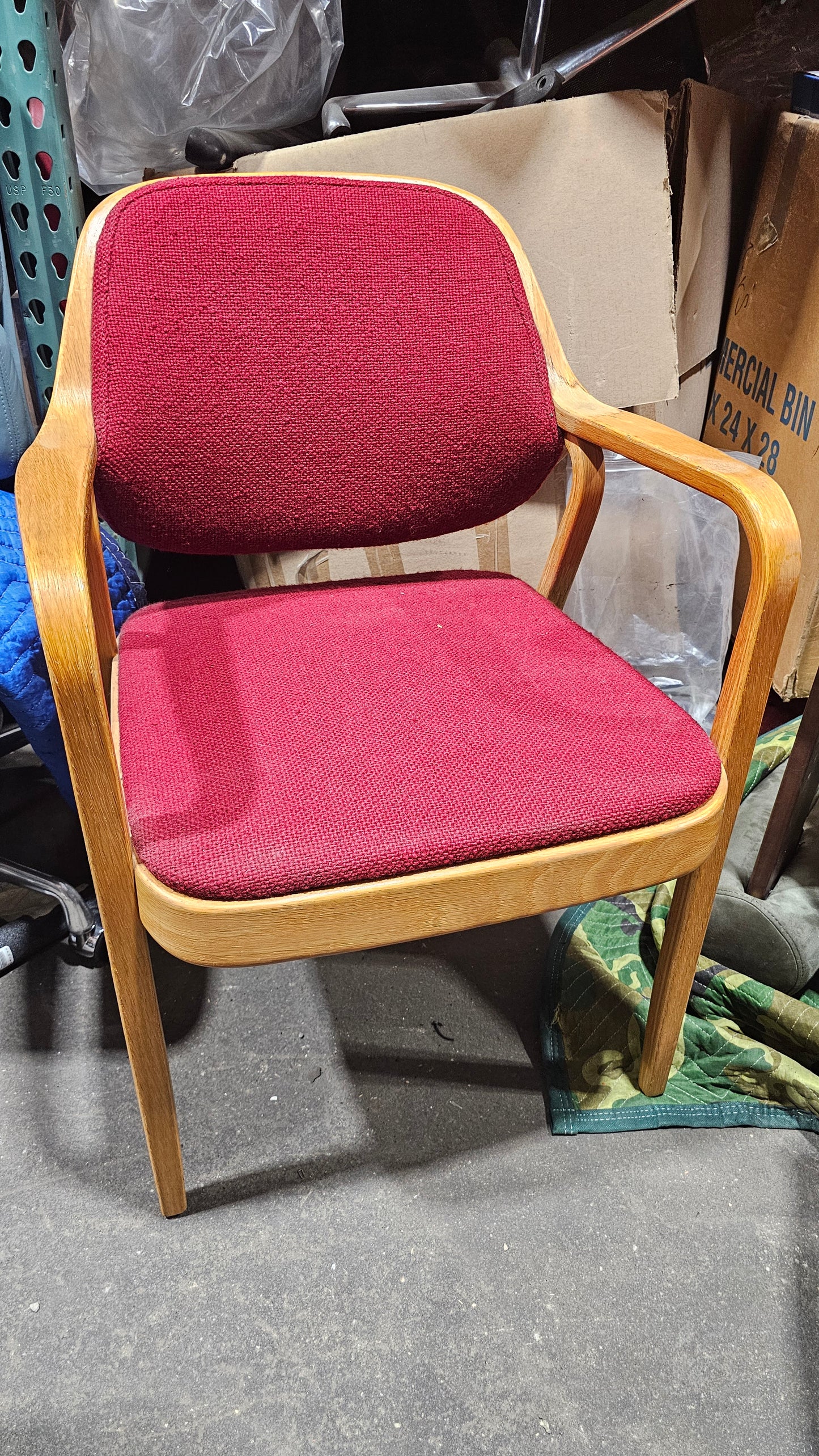 Knoll Don Petitt 1105 Bentwood Armchair in Berry Red Fabric with Natural Oak Frame