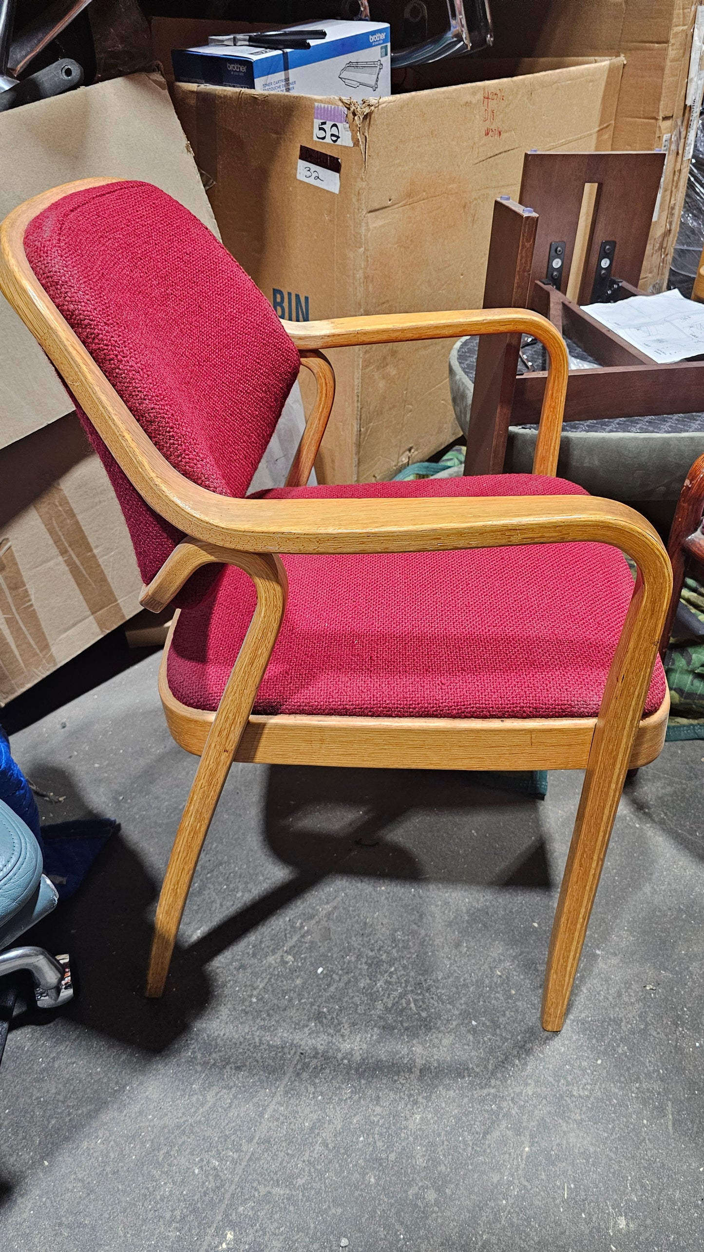 Knoll Don Petitt 1105 Bentwood Armchair in Berry Red Fabric with Natural Oak Frame