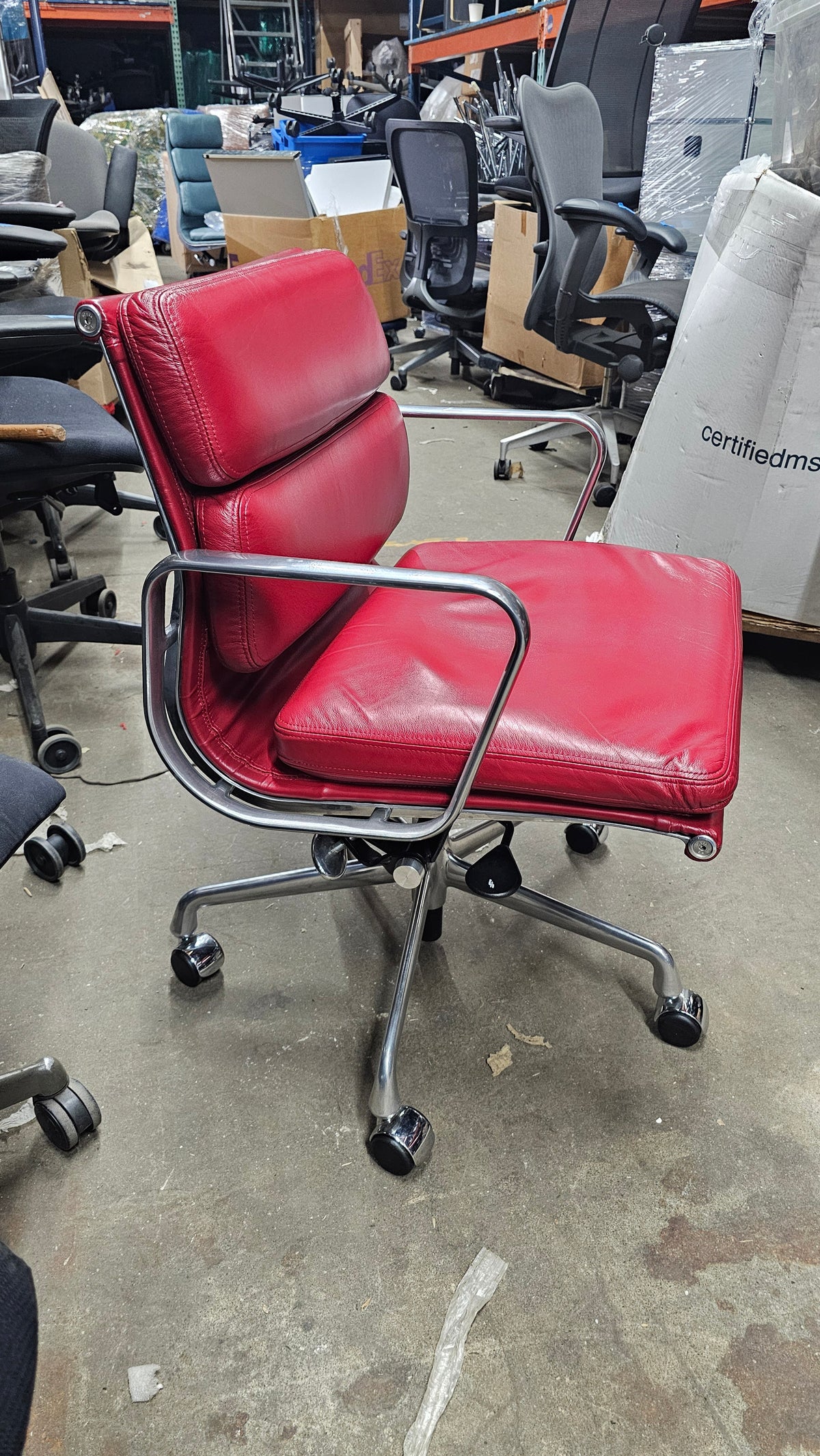 Herman Miller Eames Soft Pad Management Chair in Red Leather with Pneumatic Lift, EA435