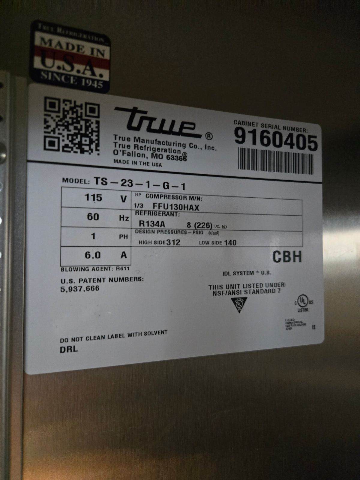 True TS-23-1-G-1 Refrigerator